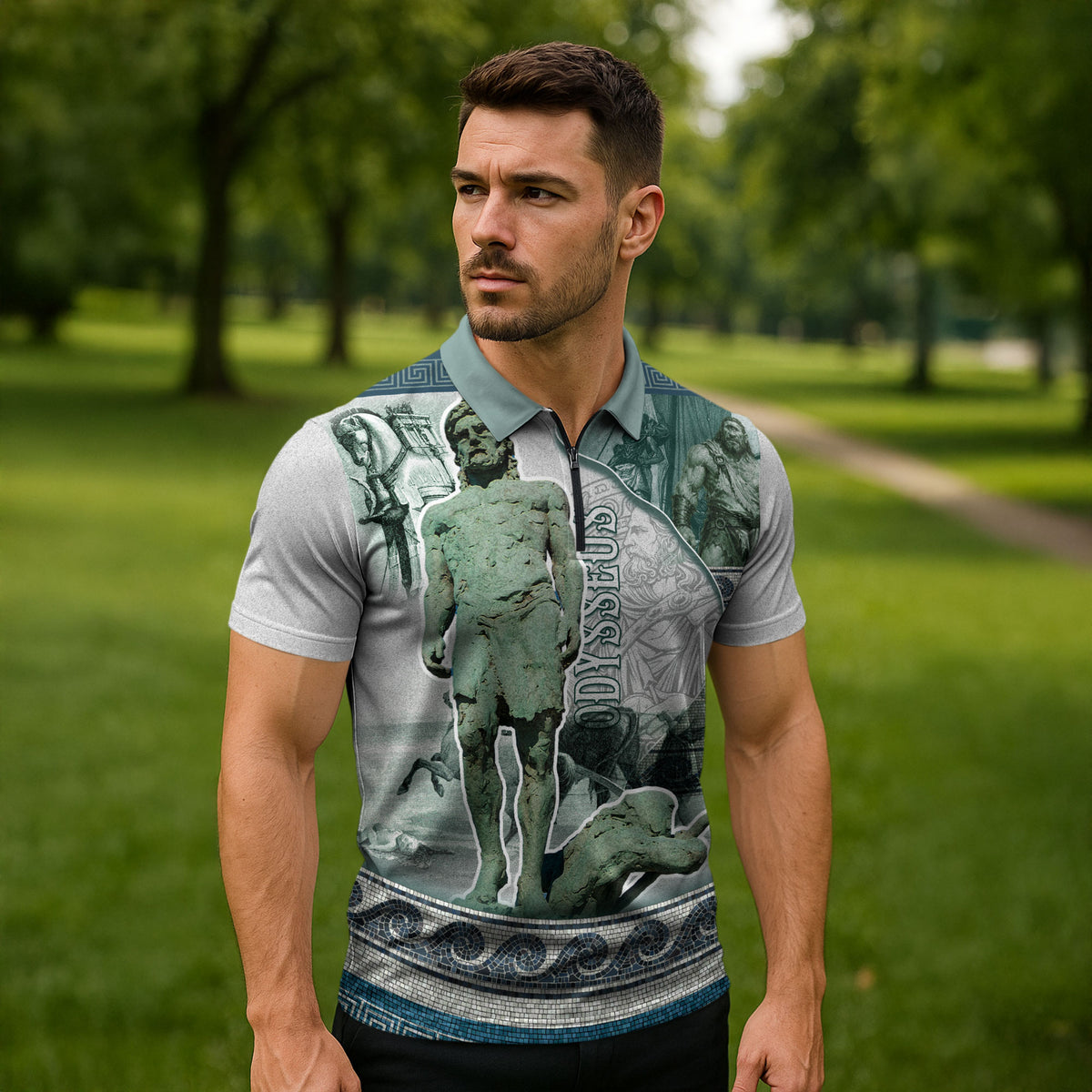 Odysseus King Of Ithaca Zipper Polo Shirt Ancient Greek Statue Mosaic Classic Mythology Art