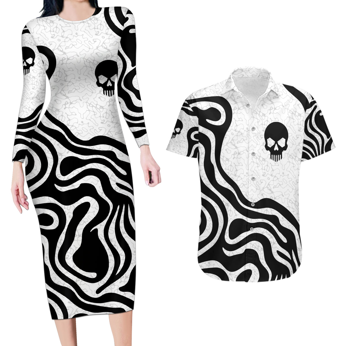 Skull Couples Matching Long Sleeve Bodycon Dress and Hawaiian Shirt Born To Die - Wonder Print Shop