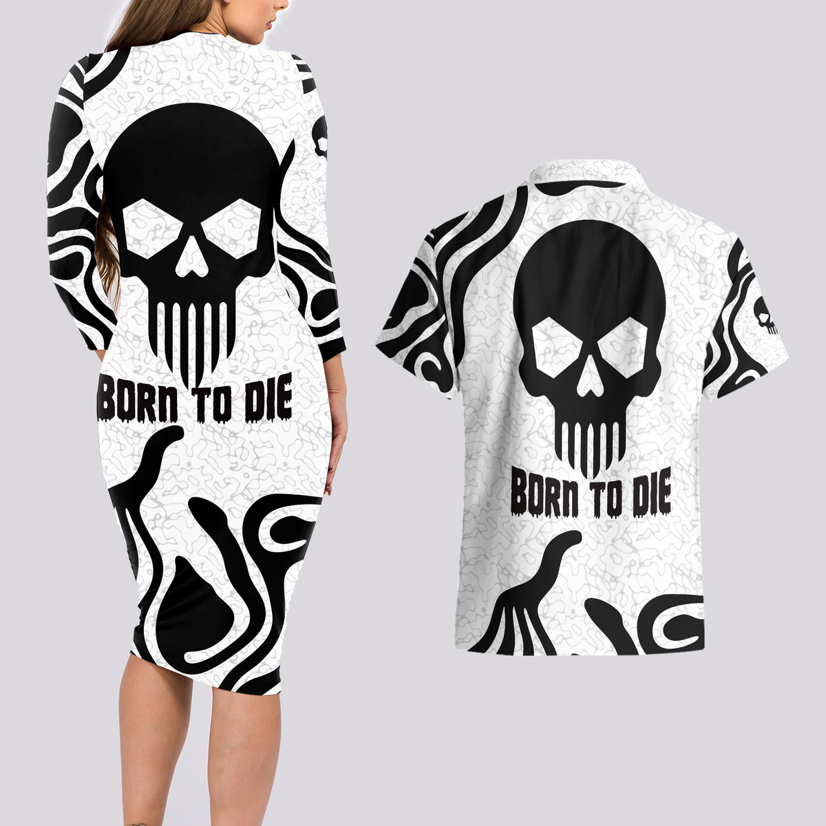 Skull Couples Matching Long Sleeve Bodycon Dress and Hawaiian Shirt Born To Die - Wonder Print Shop