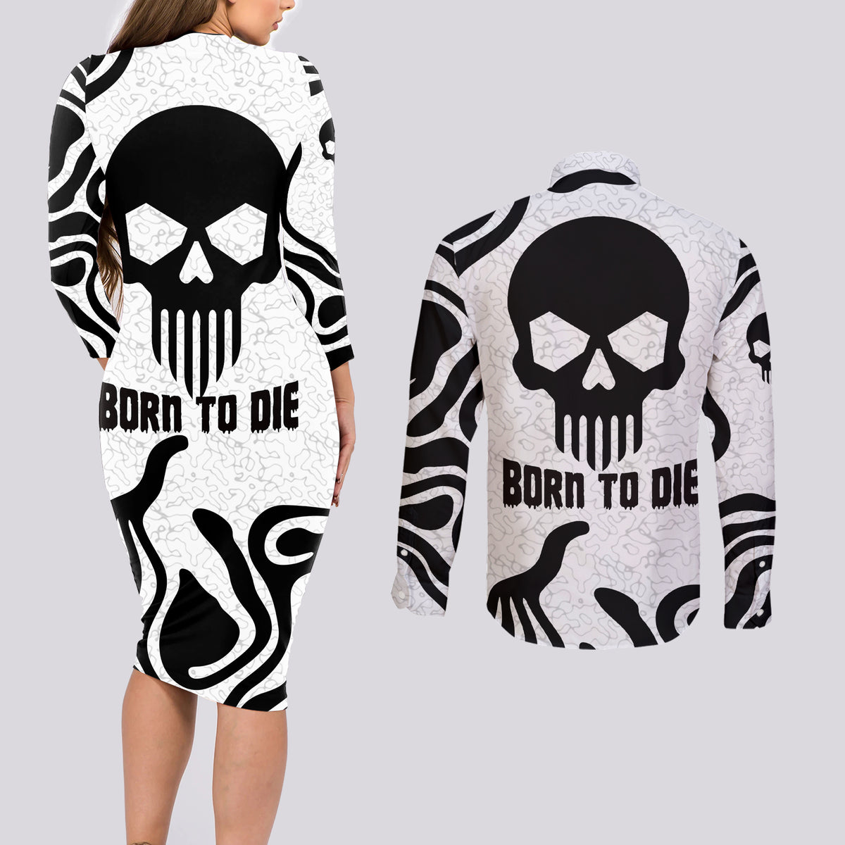 Skull Couples Matching Long Sleeve Bodycon Dress and Long Sleeve Button Shirts Born To Die - Wonder Print Shop