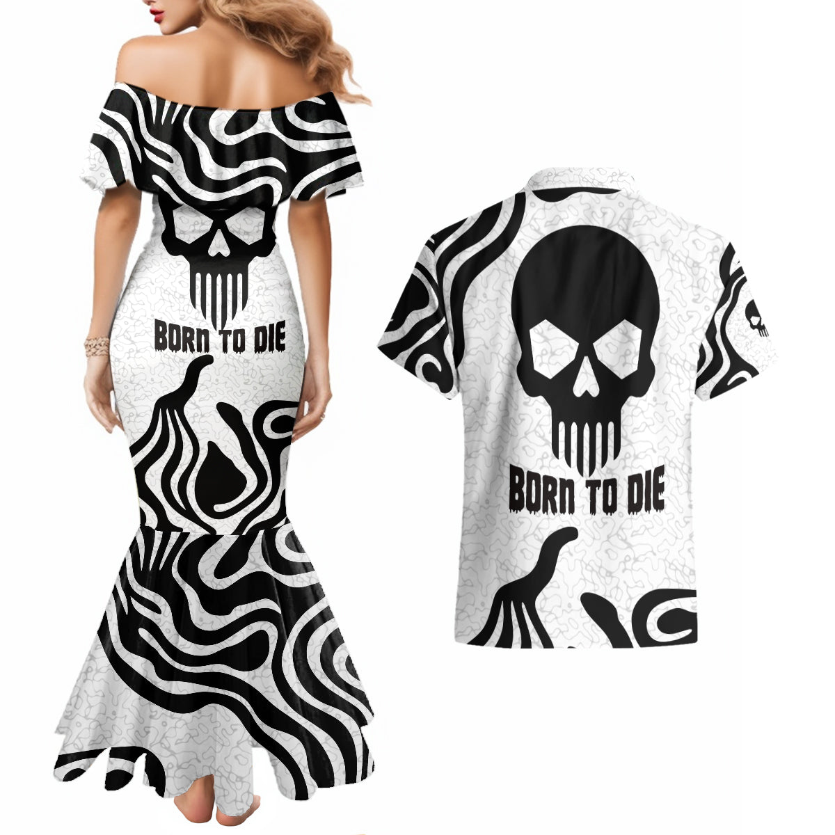 Skull Couples Matching Mermaid Dress and Hawaiian Shirt Born To Die - Wonder Print Shop