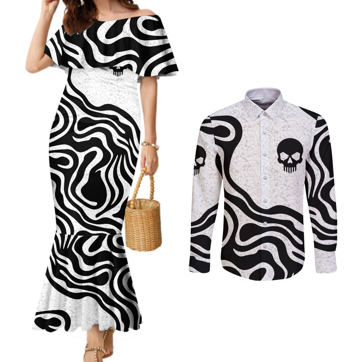 skull-couples-matching-mermaid-dress-and-long-sleeve-button-shirts-born-to-die