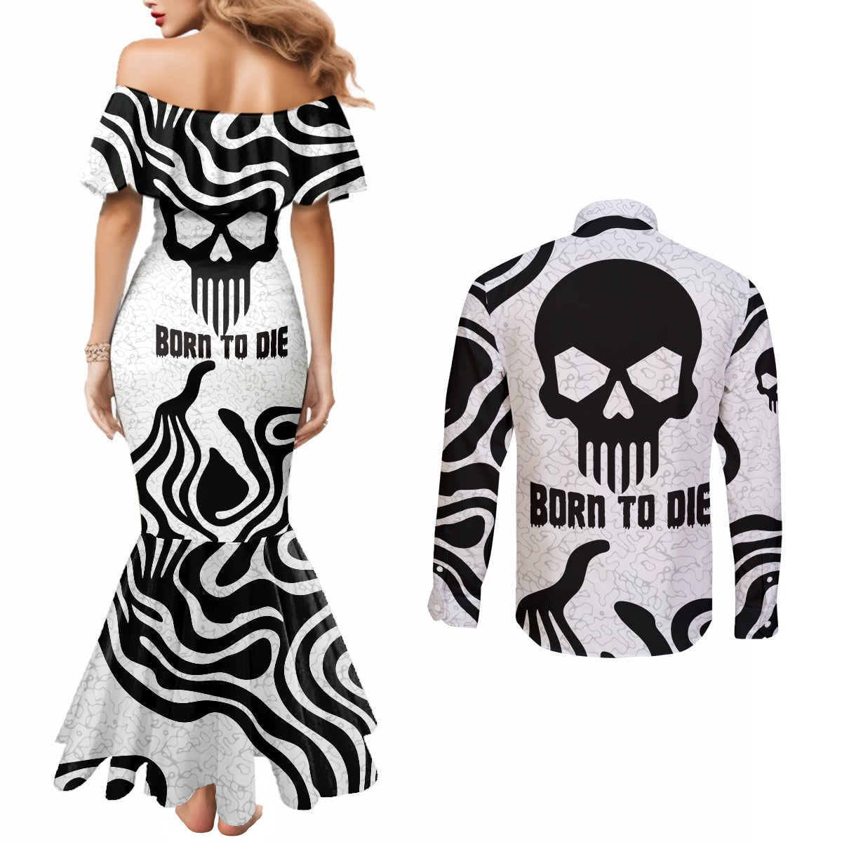 skull-couples-matching-mermaid-dress-and-long-sleeve-button-shirts-born-to-die