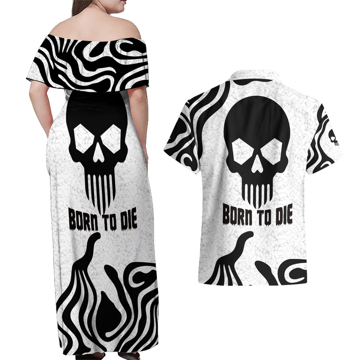 Skull Couples Matching Off Shoulder Maxi Dress and Hawaiian Shirt Born To Die - Wonder Print Shop