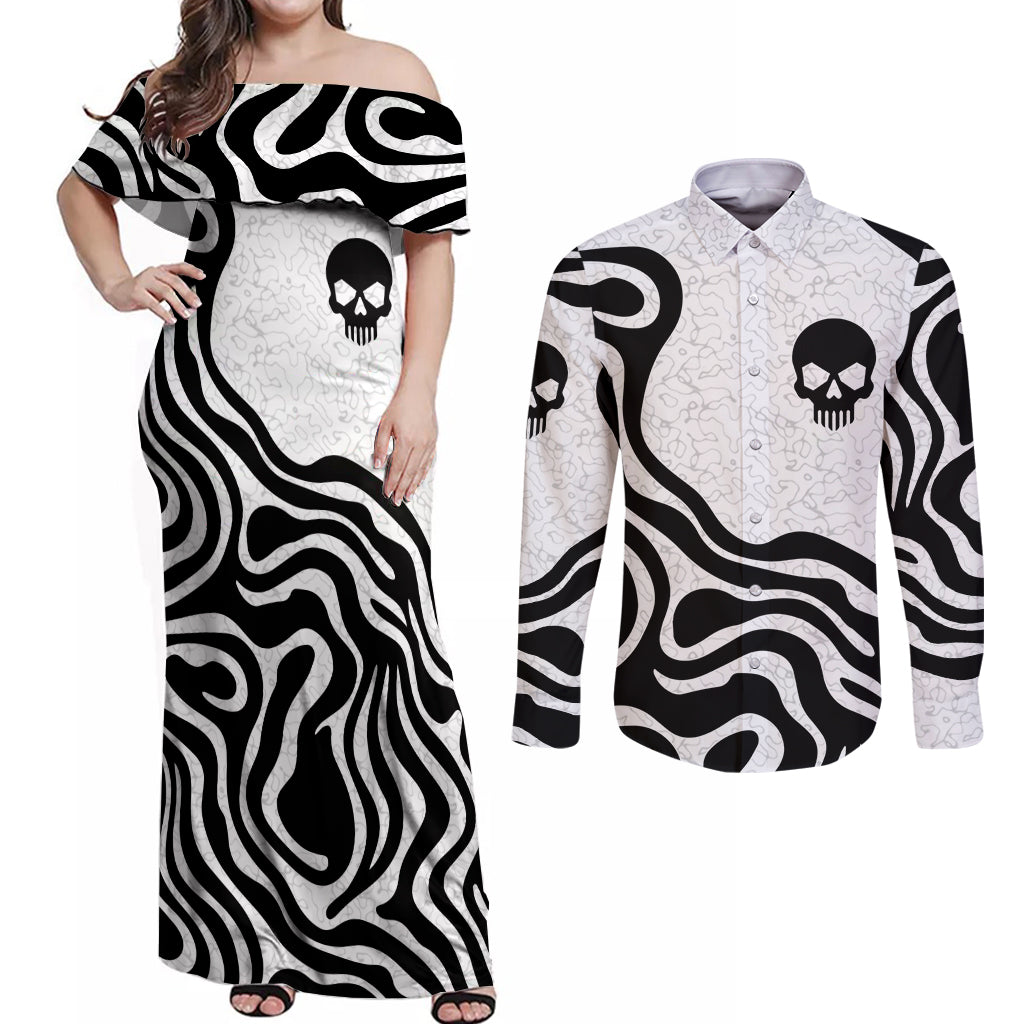 Skull Couples Matching Off Shoulder Maxi Dress and Long Sleeve Button Shirts Born To Die - Wonder Print Shop