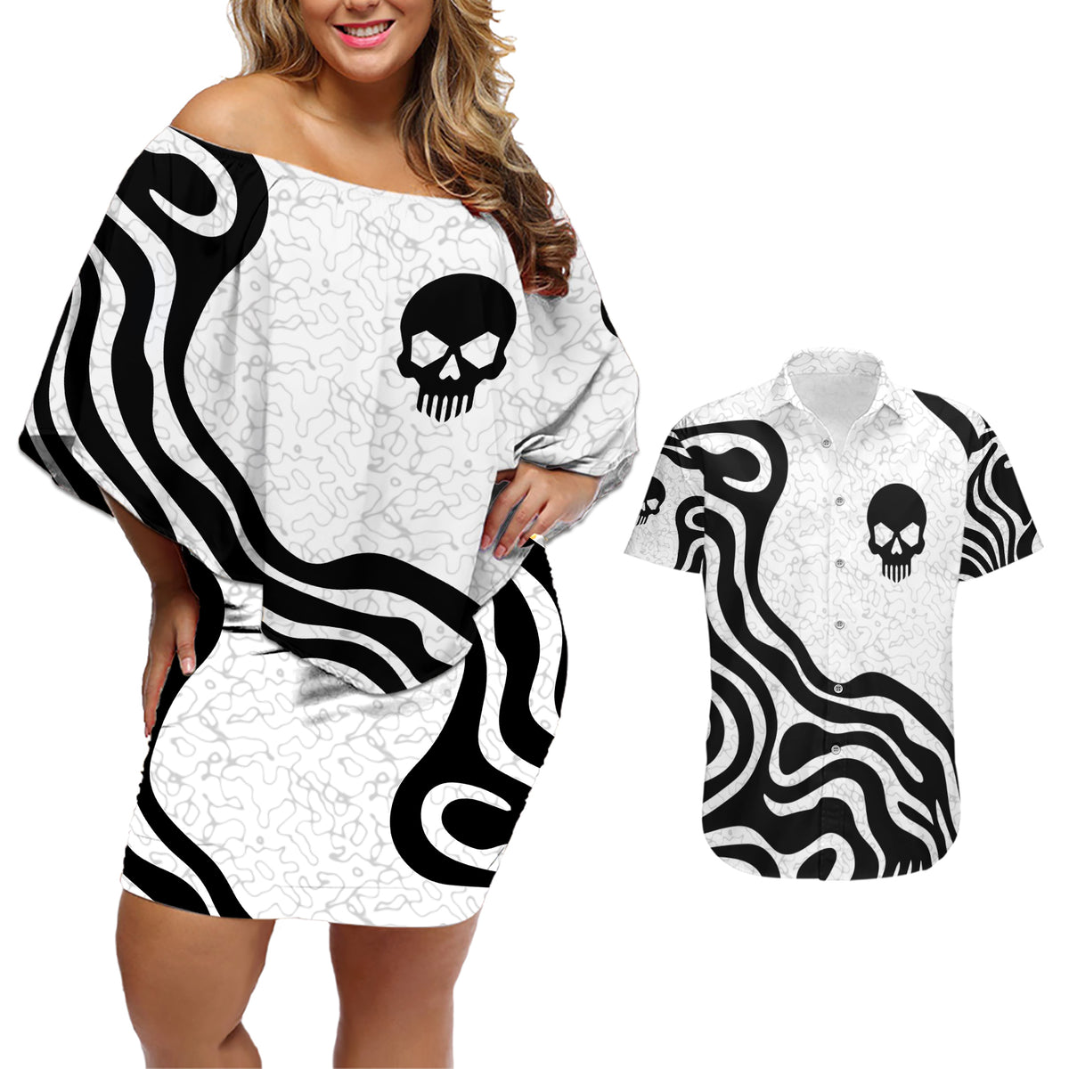 Skull Couples Matching Off Shoulder Short Dress and Hawaiian Shirt Born To Die - Wonder Print Shop