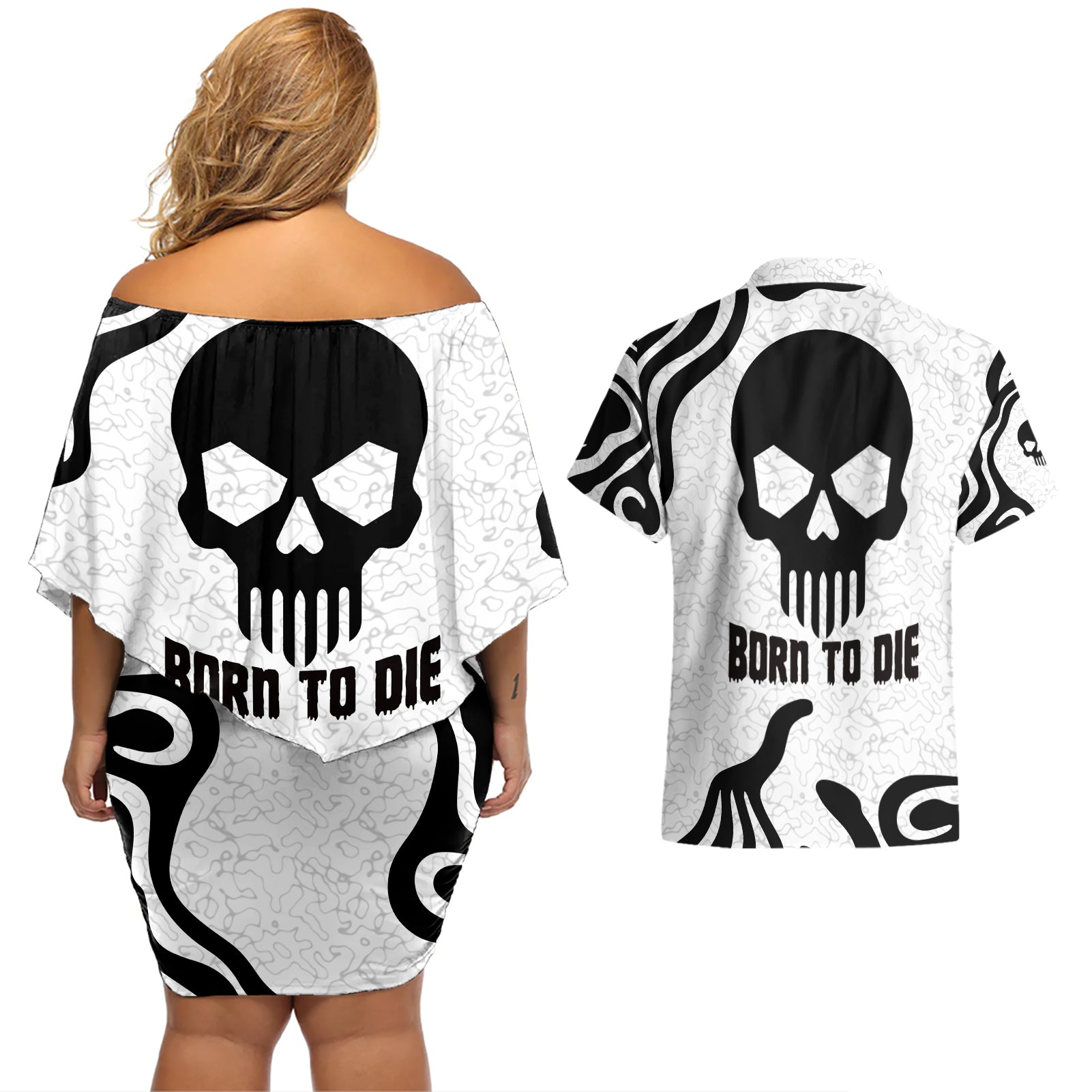 Skull Couples Matching Off Shoulder Short Dress and Hawaiian Shirt Born To Die - Wonder Print Shop
