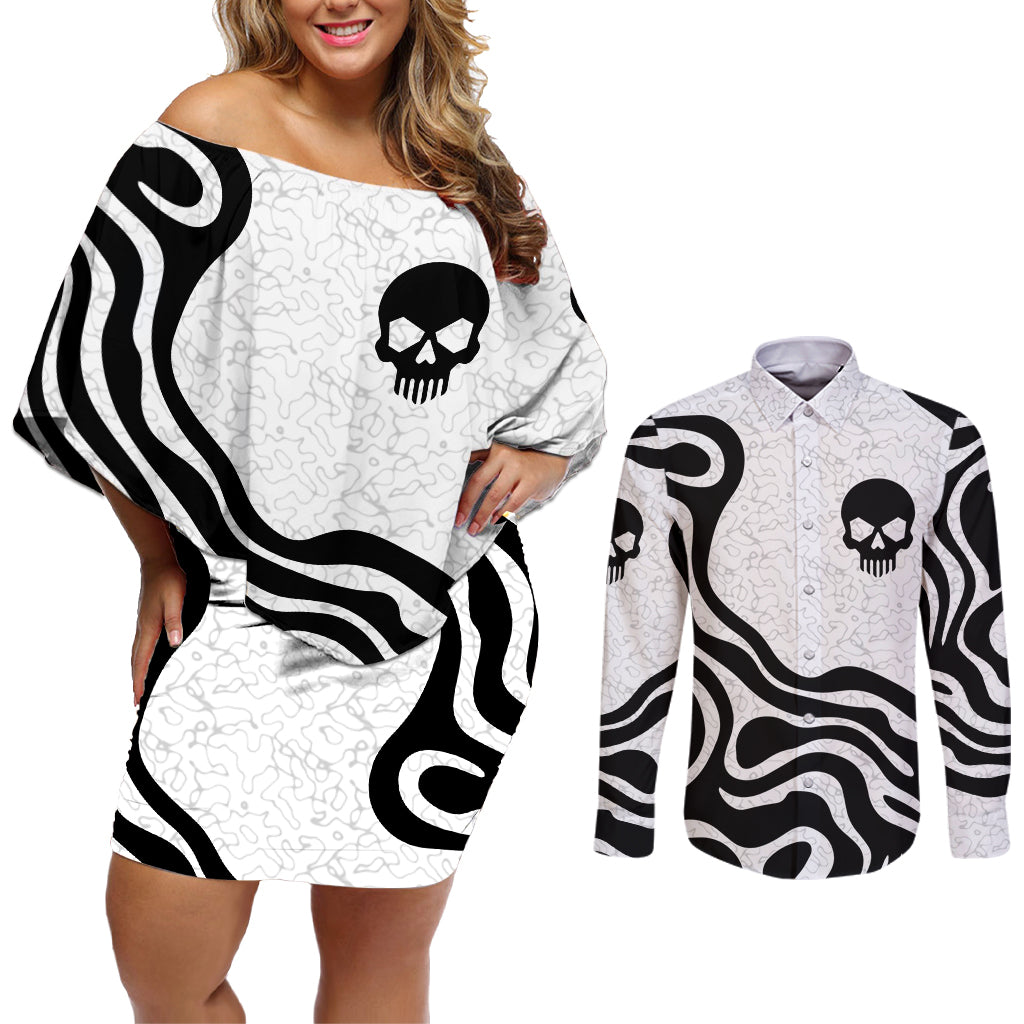 Skull Couples Matching Off Shoulder Short Dress and Long Sleeve Button Shirts Born To Die - Wonder Print Shop