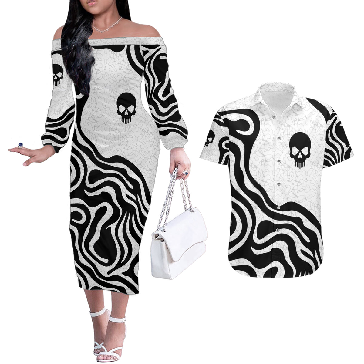 Skull Couples Matching Off The Shoulder Long Sleeve Dress and Hawaiian Shirt Born To Die - Wonder Print Shop