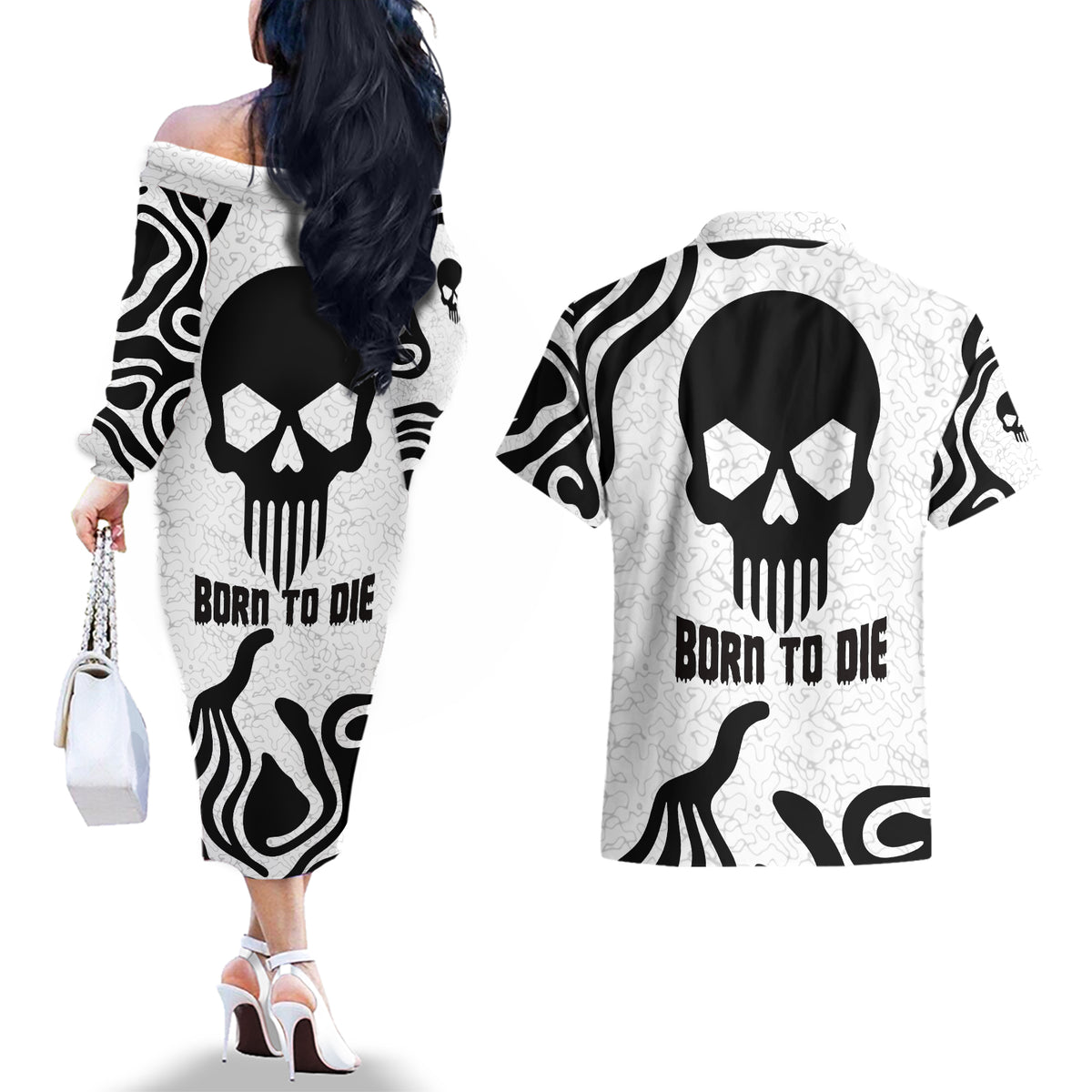 Skull Couples Matching Off The Shoulder Long Sleeve Dress and Hawaiian Shirt Born To Die - Wonder Print Shop