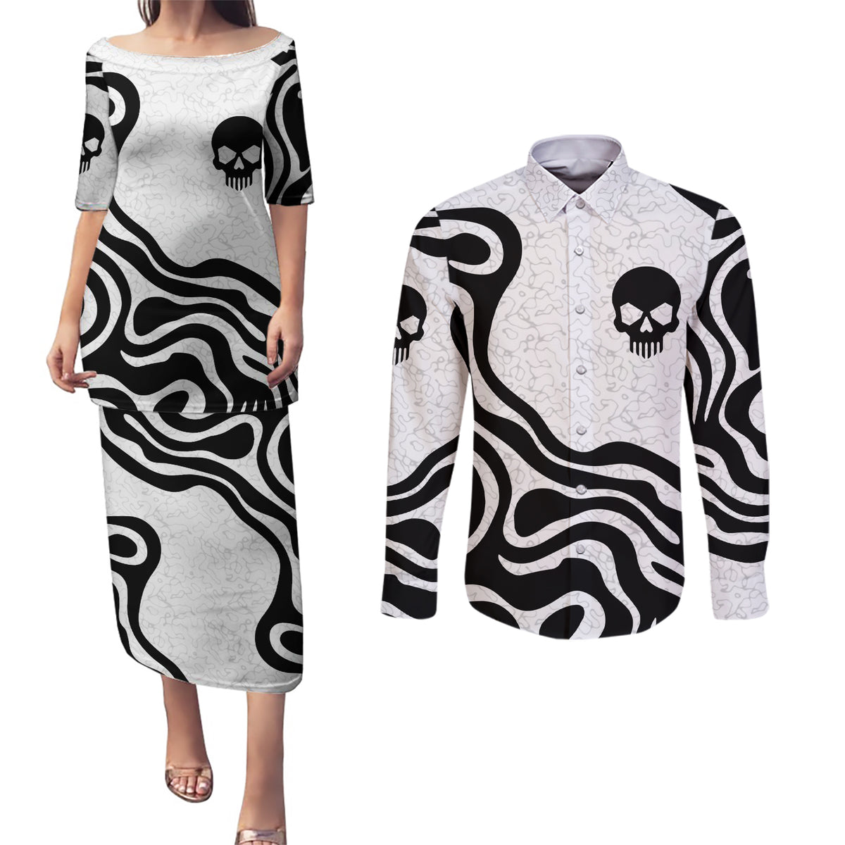 Skull Couples Matching Puletasi Dress and Long Sleeve Button Shirts Born To Die - Wonder Print Shop