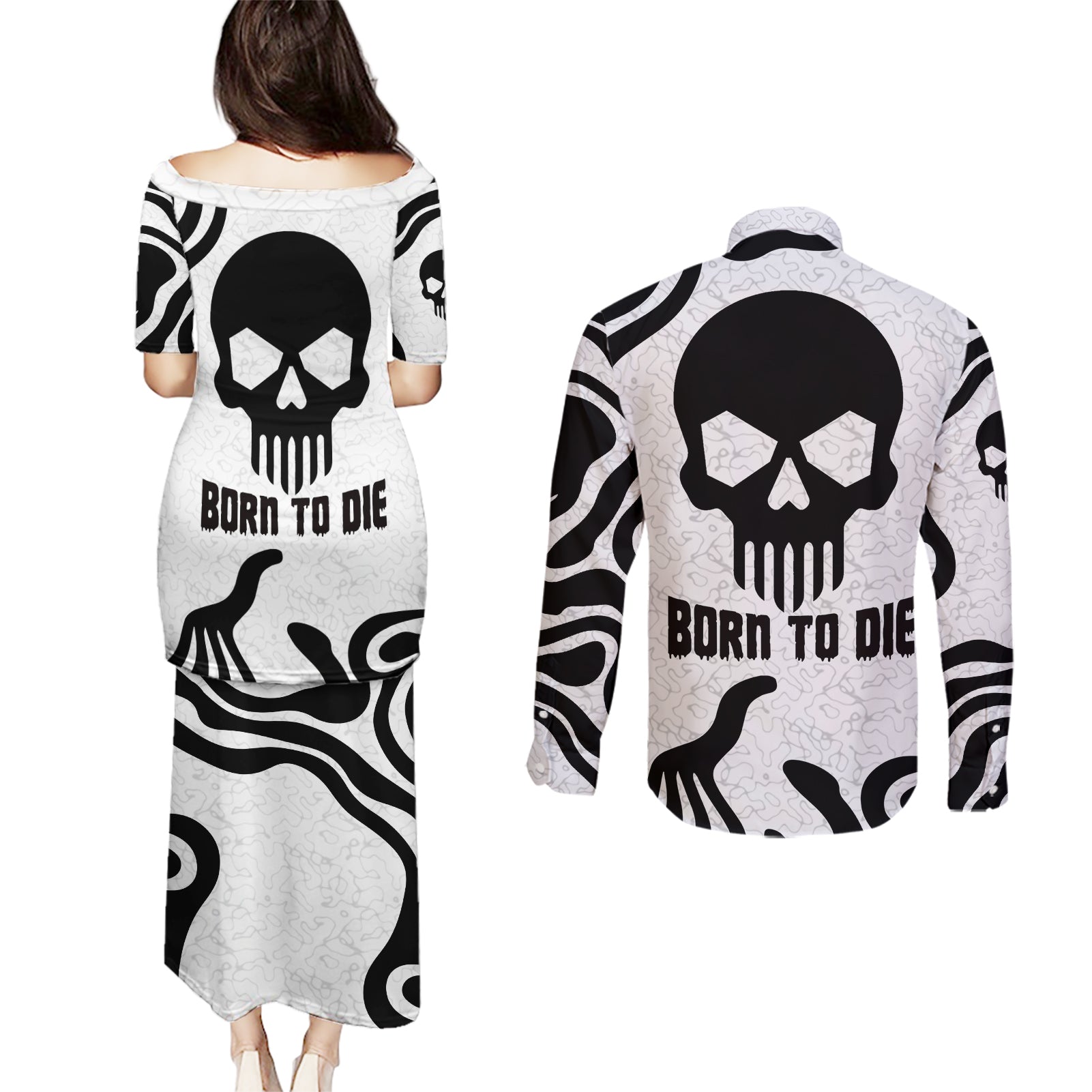 Skull Couples Matching Puletasi Dress and Long Sleeve Button Shirts Born To Die - Wonder Print Shop