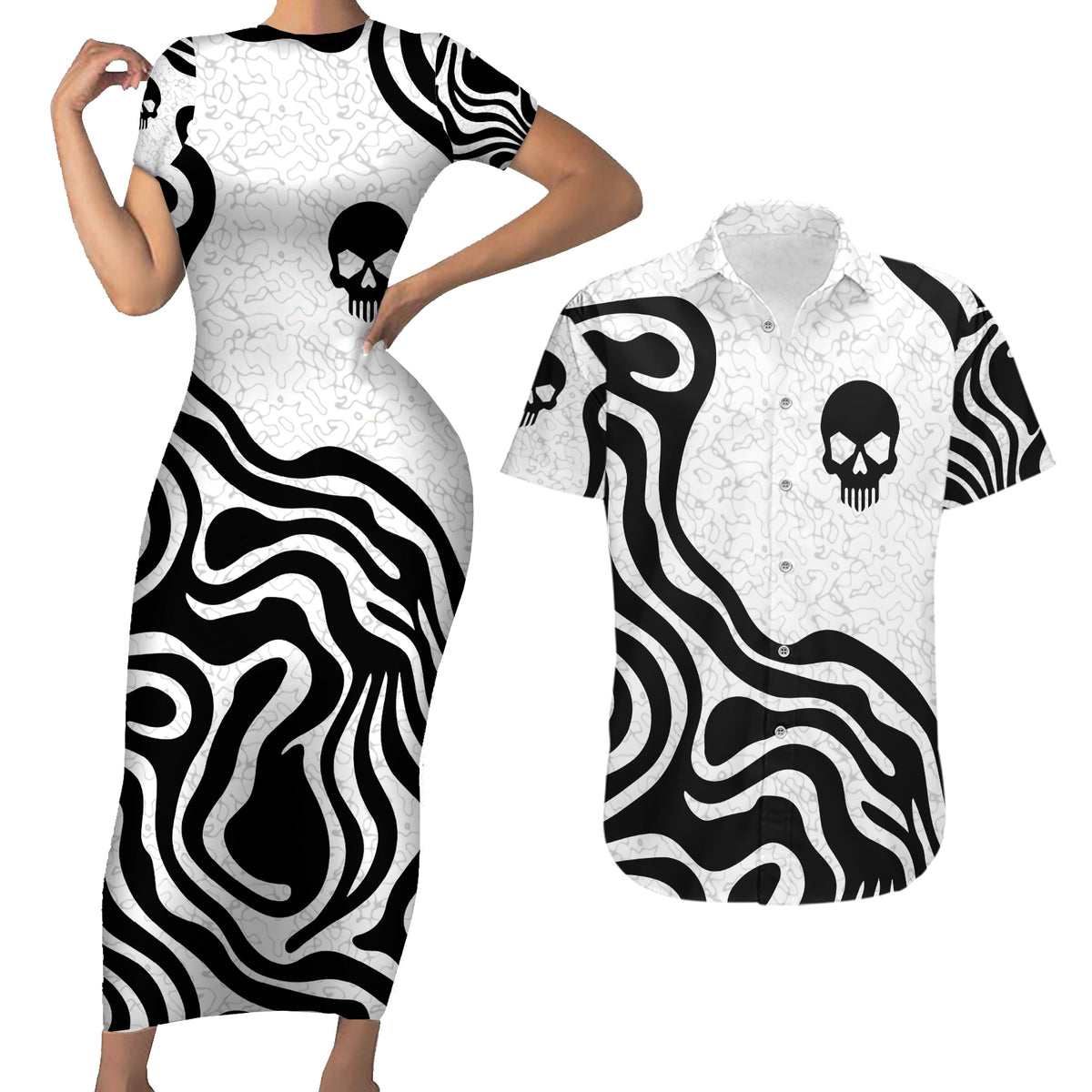 Skull Couples Matching Short Sleeve Bodycon Dress and Hawaiian Shirt Born To Die - Wonder Print Shop