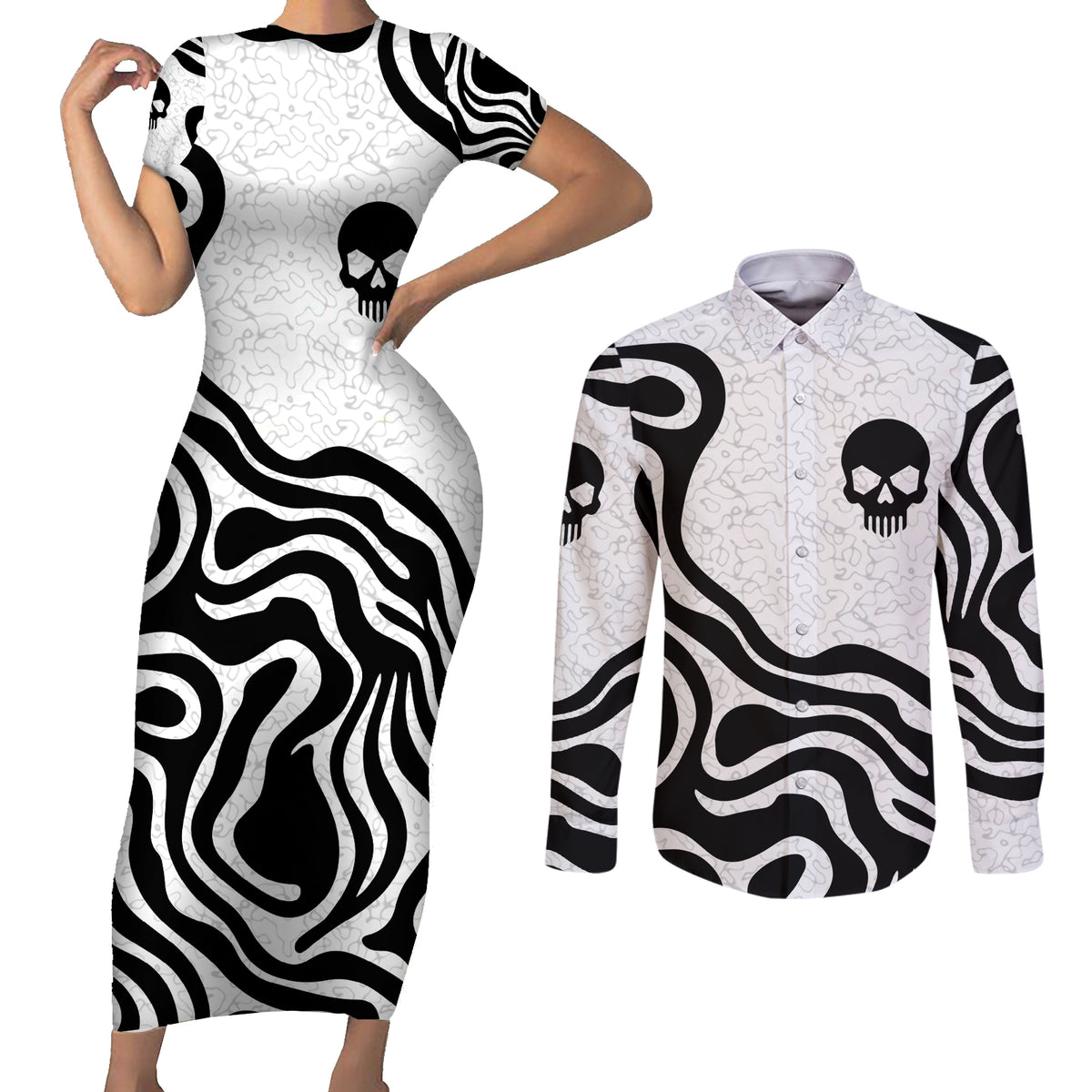 Skull Couples Matching Short Sleeve Bodycon Dress and Long Sleeve Button Shirts Born To Die - Wonder Print Shop