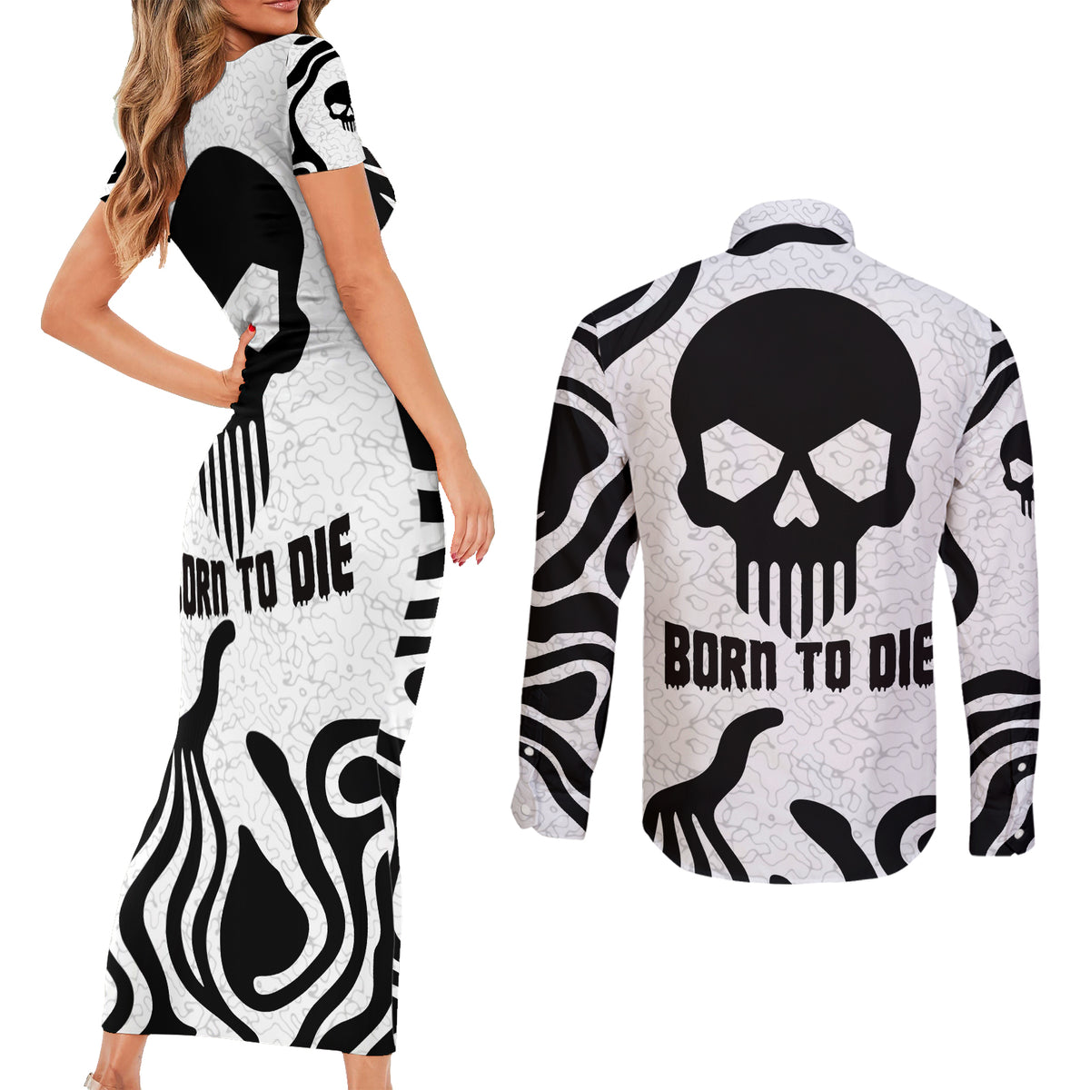 Skull Couples Matching Short Sleeve Bodycon Dress and Long Sleeve Button Shirts Born To Die - Wonder Print Shop