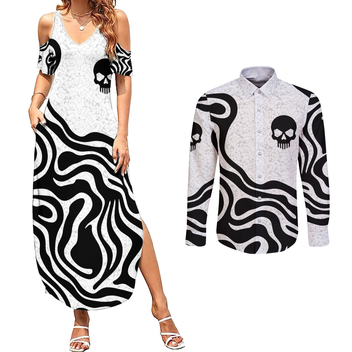 Skull Couples Matching Summer Maxi Dress and Long Sleeve Button Shirts Born To Die - Wonder Print Shop