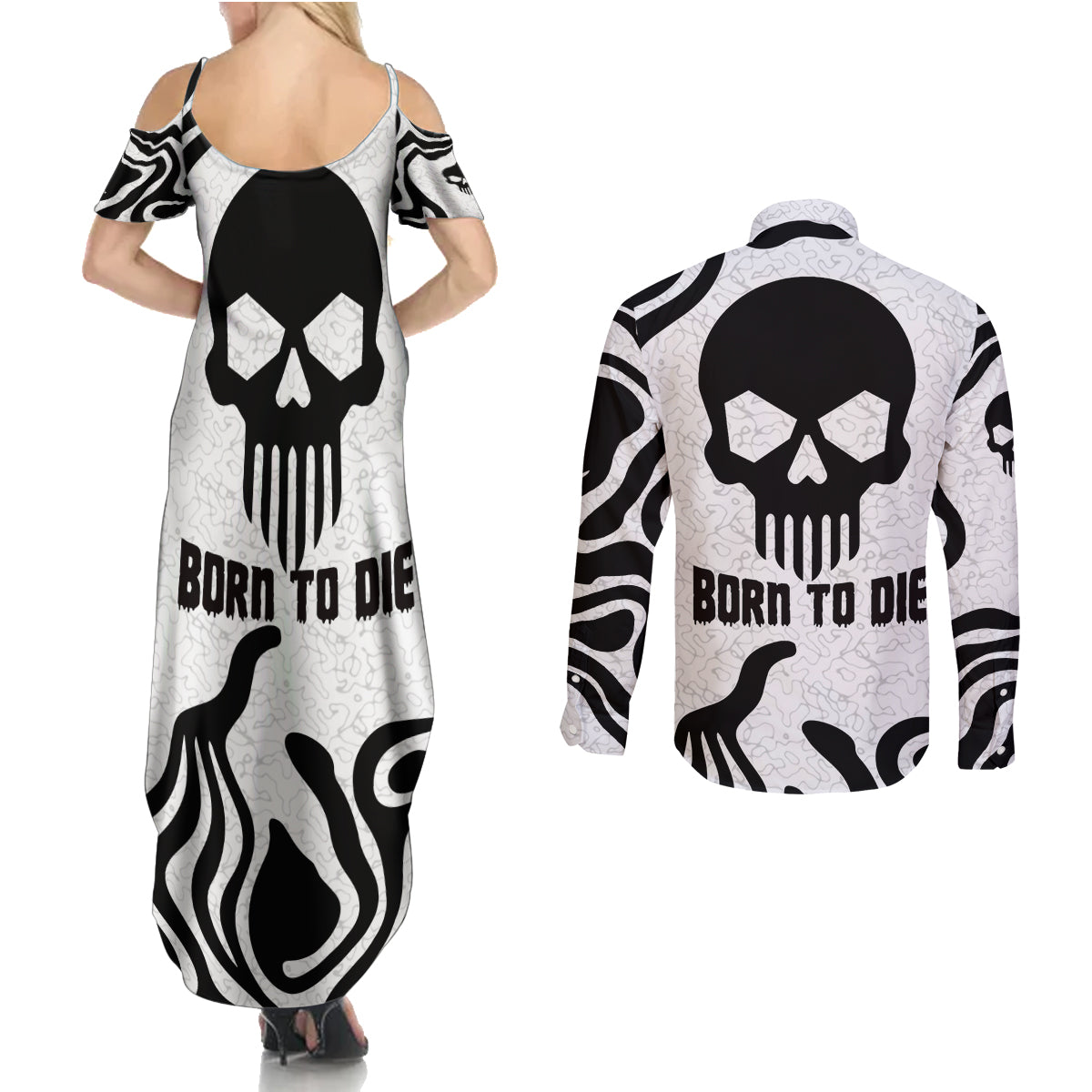 Skull Couples Matching Summer Maxi Dress and Long Sleeve Button Shirts Born To Die - Wonder Print Shop