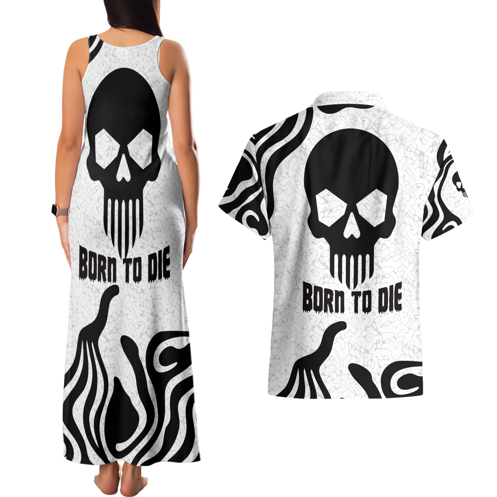 Skull Couples Matching Tank Maxi Dress and Hawaiian Shirt Born To Die - Wonder Print Shop