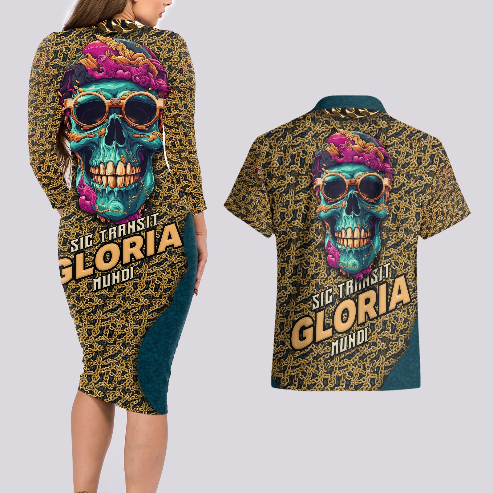 Skull Gang Couples Matching Long Sleeve Bodycon Dress and Hawaiian Shirt Sic Transit Gloria Mundi - Wonder Print Shop