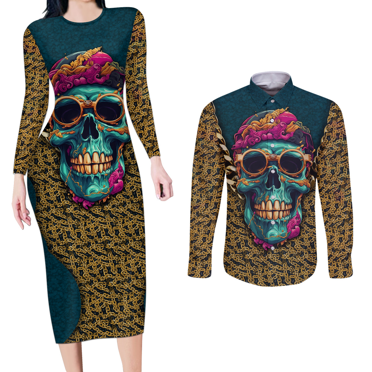 Skull Gang Couples Matching Long Sleeve Bodycon Dress and Long Sleeve Button Shirts Sic Transit Gloria Mundi - Wonder Print Shop