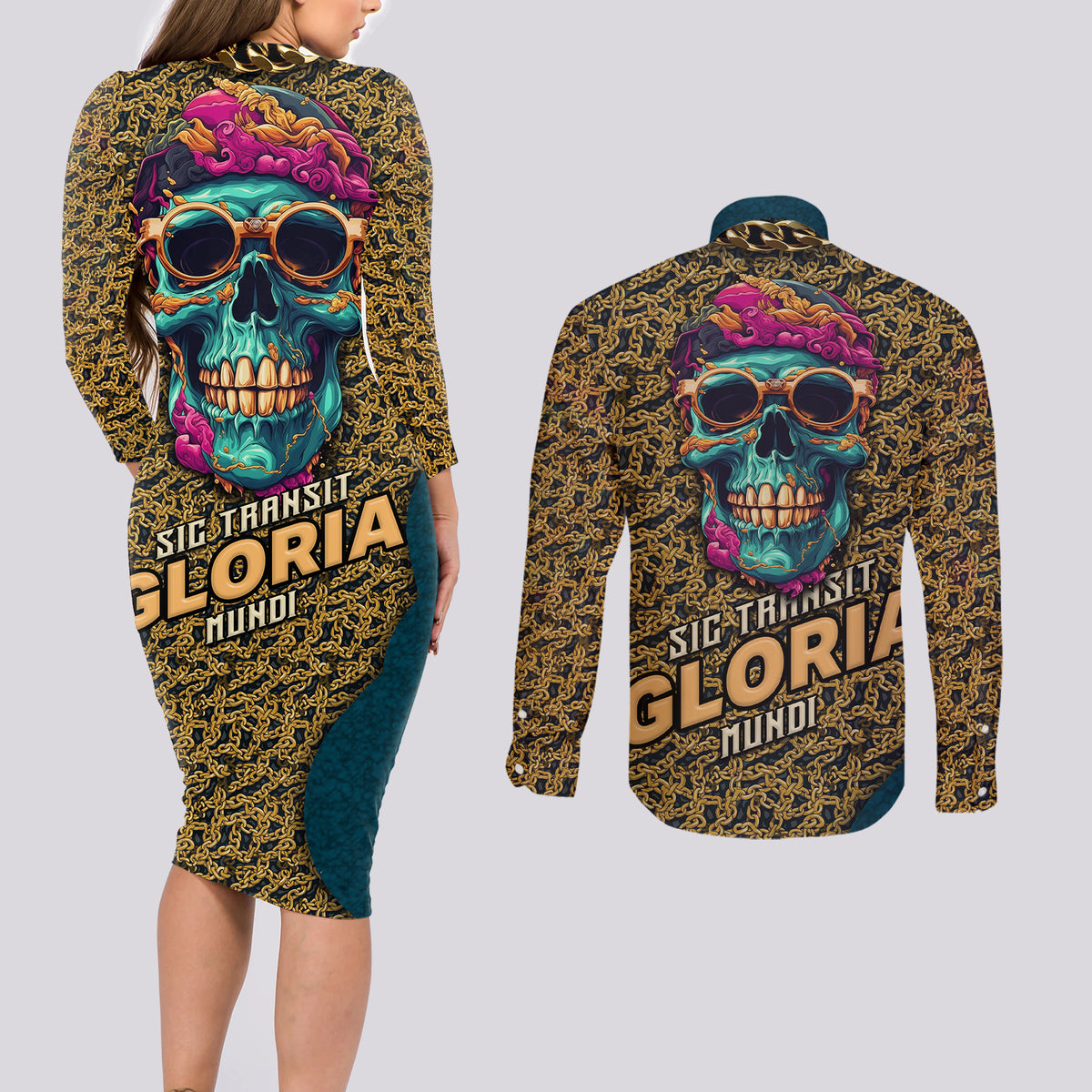 Skull Gang Couples Matching Long Sleeve Bodycon Dress and Long Sleeve Button Shirts Sic Transit Gloria Mundi - Wonder Print Shop