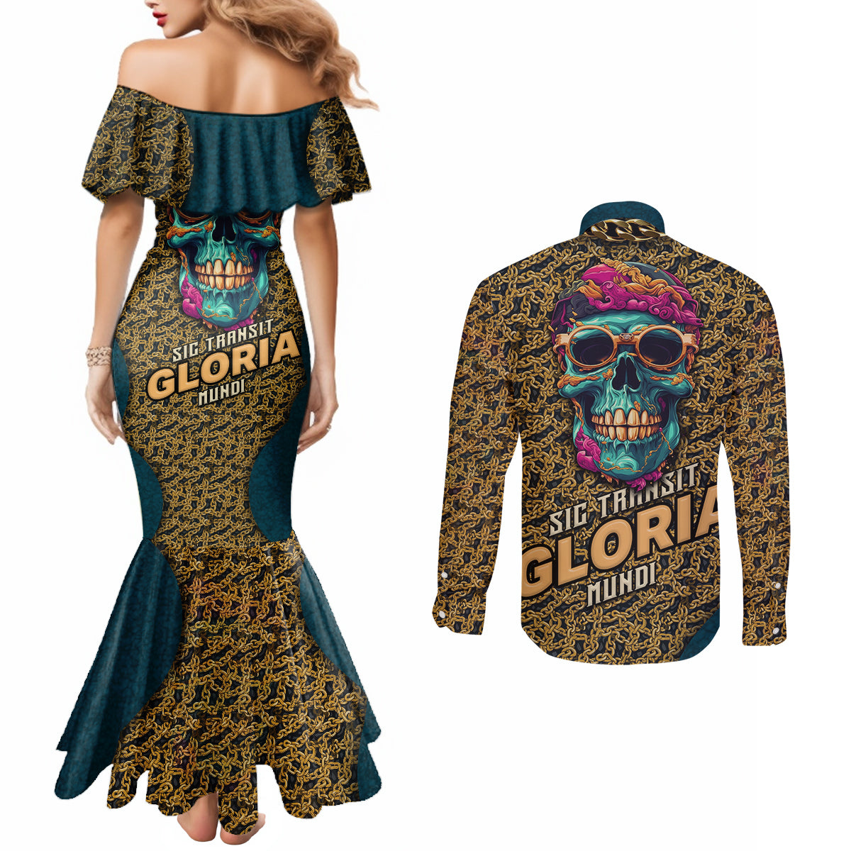 skull-gang-couples-matching-mermaid-dress-and-long-sleeve-button-shirts-sic-transit-gloria-mundi