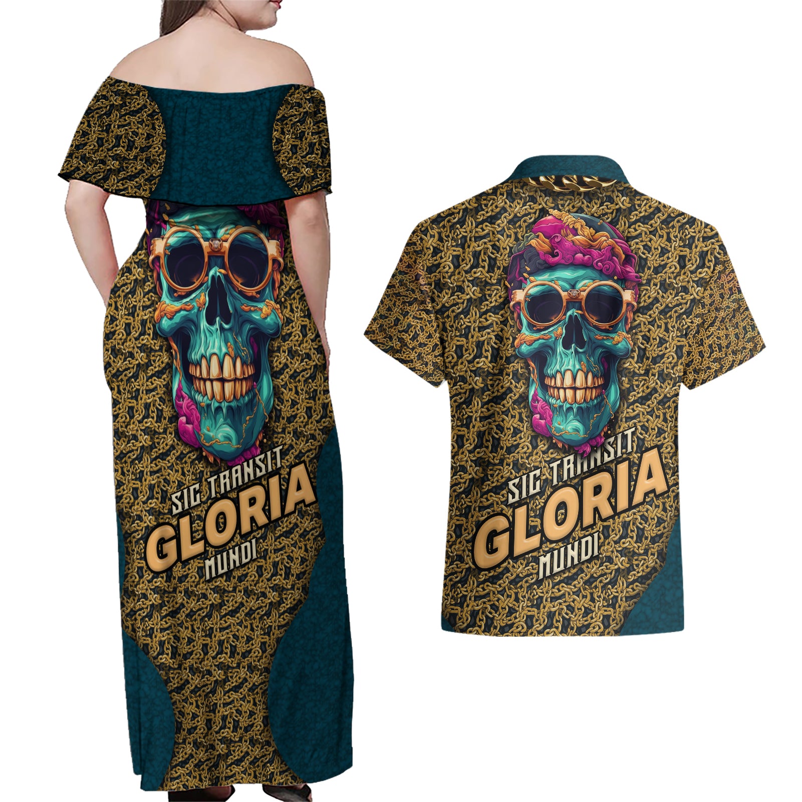 Skull Gang Couples Matching Off Shoulder Maxi Dress and Hawaiian Shirt Sic Transit Gloria Mundi - Wonder Print Shop