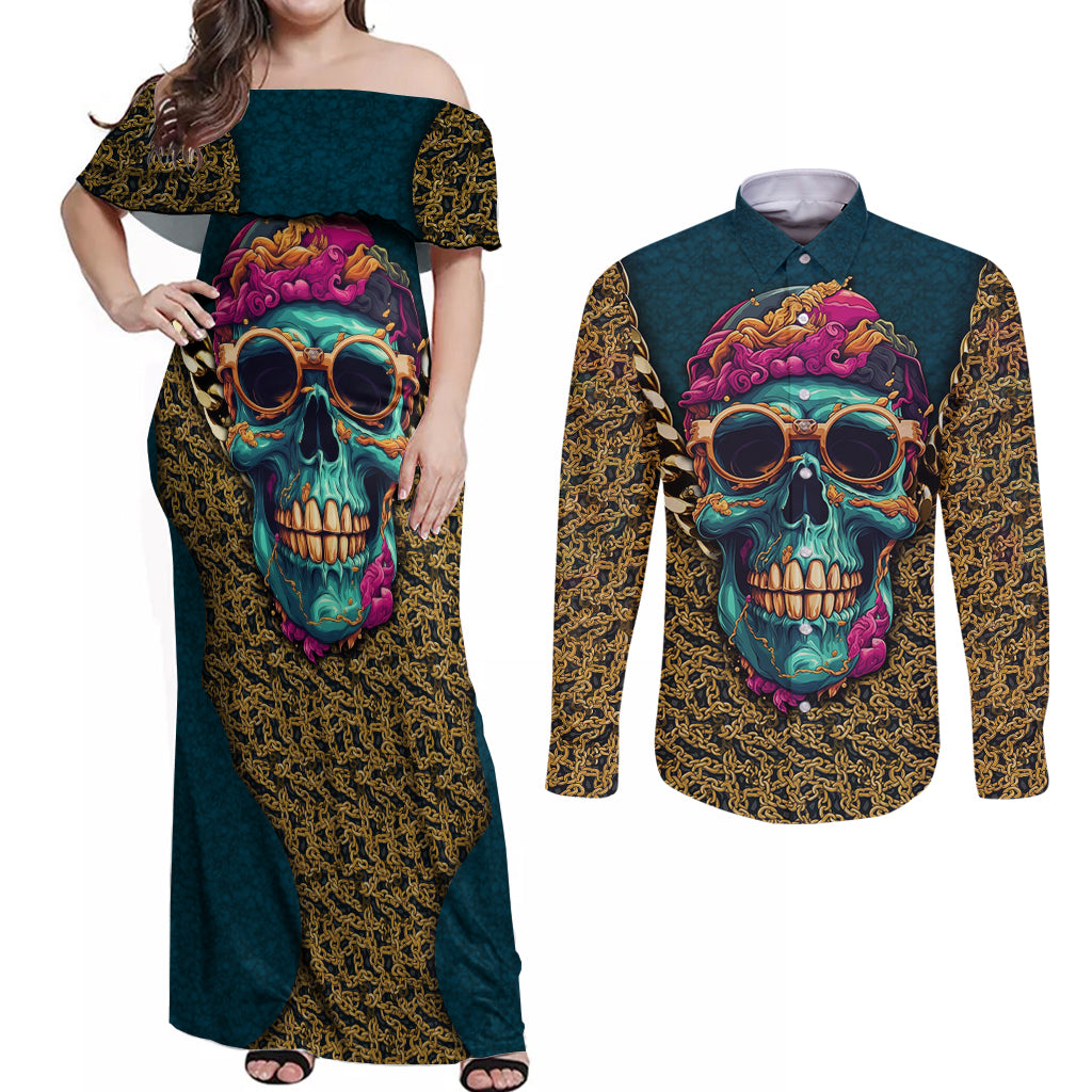 Skull Gang Couples Matching Off Shoulder Maxi Dress and Long Sleeve Button Shirts Sic Transit Gloria Mundi - Wonder Print Shop