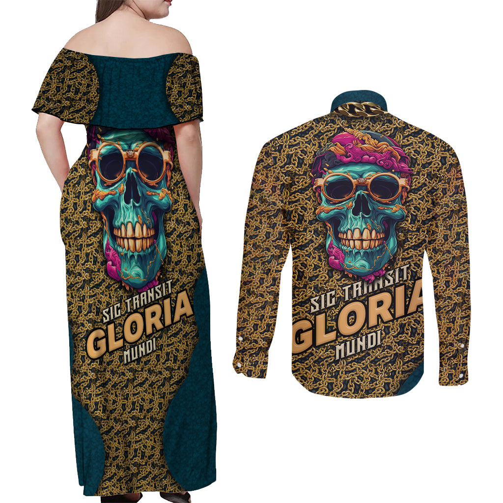 Skull Gang Couples Matching Off Shoulder Maxi Dress and Long Sleeve Button Shirts Sic Transit Gloria Mundi - Wonder Print Shop
