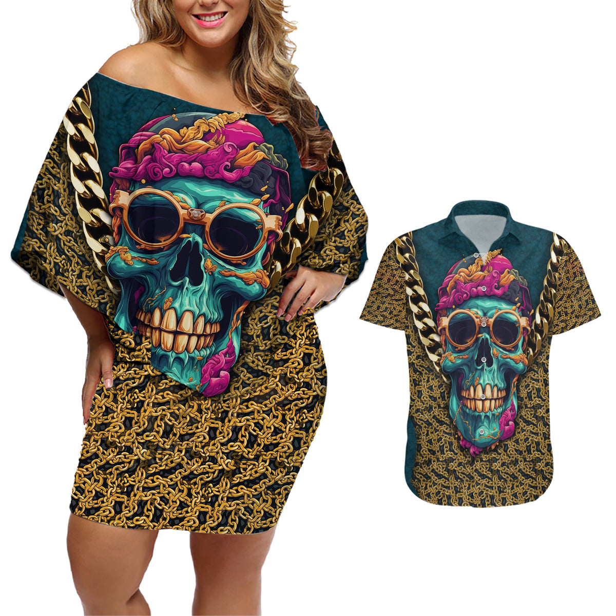 Skull Gang Couples Matching Off Shoulder Short Dress and Hawaiian Shirt Sic Transit Gloria Mundi - Wonder Print Shop