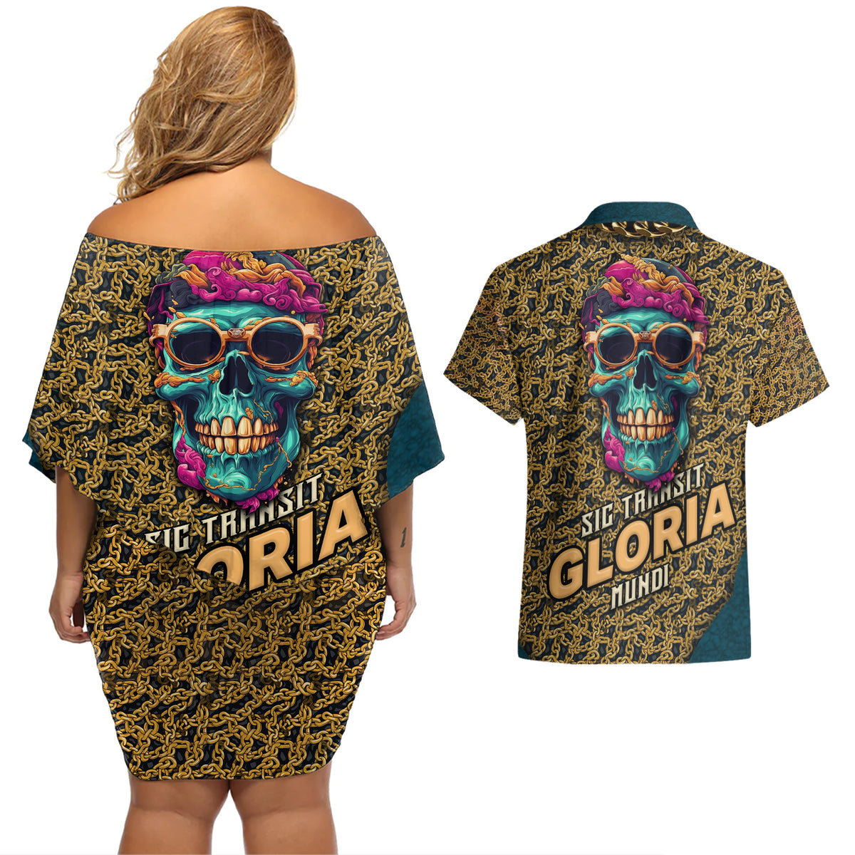 Skull Gang Couples Matching Off Shoulder Short Dress and Hawaiian Shirt Sic Transit Gloria Mundi - Wonder Print Shop
