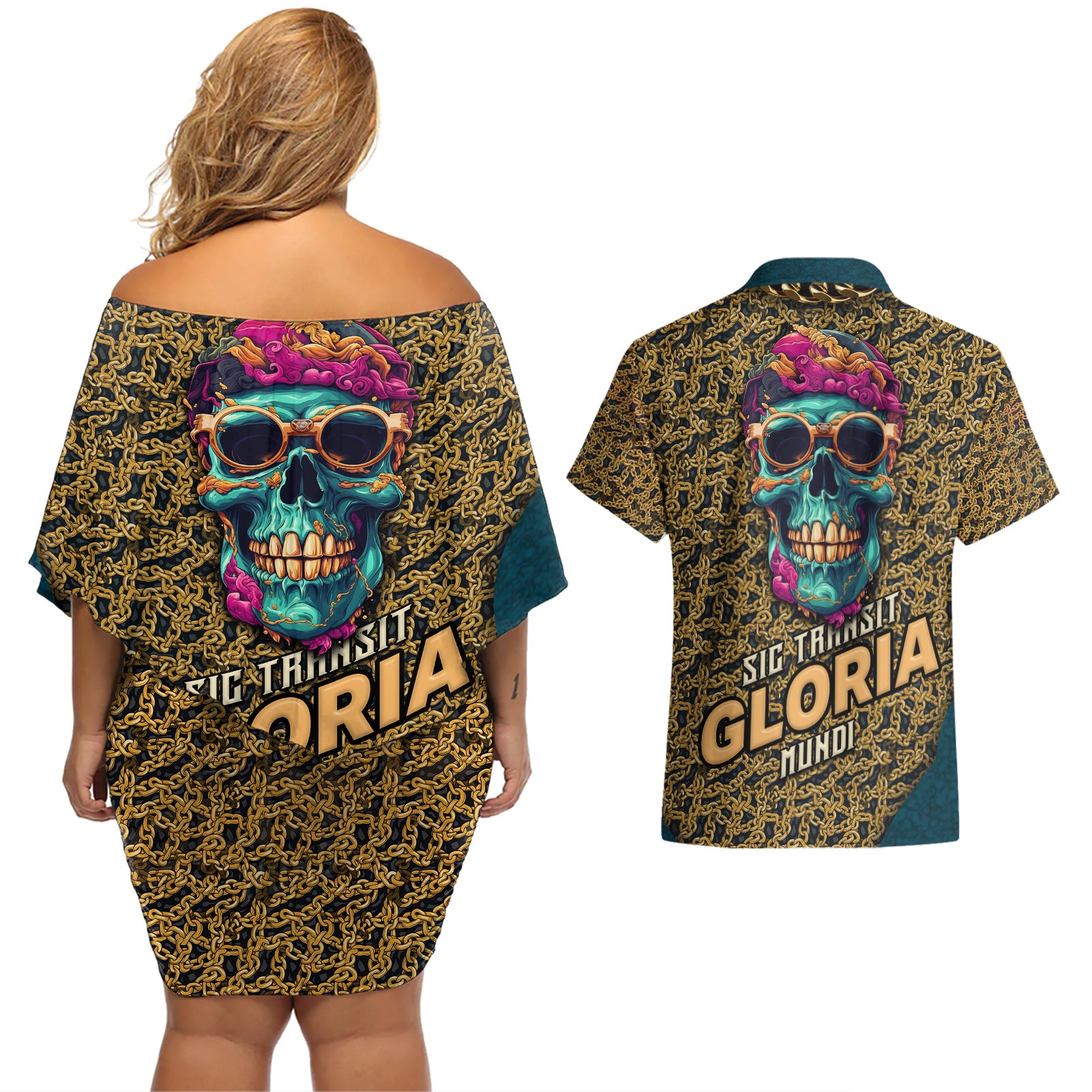 Skull Gang Couples Matching Off Shoulder Short Dress and Hawaiian Shirt Sic Transit Gloria Mundi - Wonder Print Shop