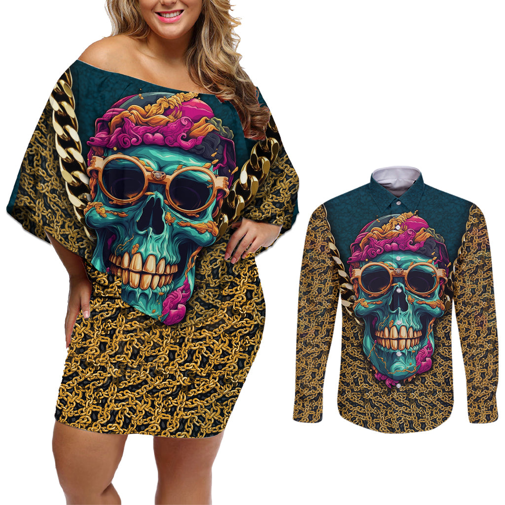 Skull Gang Couples Matching Off Shoulder Short Dress and Long Sleeve Button Shirts Sic Transit Gloria Mundi - Wonder Print Shop