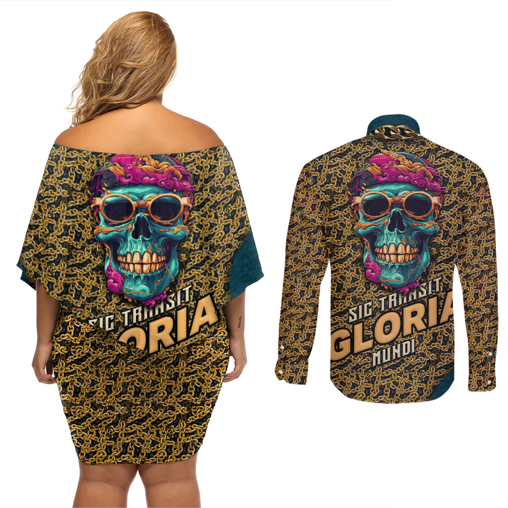 Skull Gang Couples Matching Off Shoulder Short Dress and Long Sleeve Button Shirts Sic Transit Gloria Mundi - Wonder Print Shop