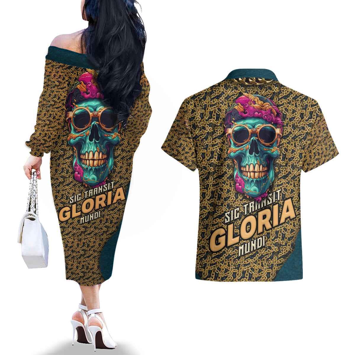 Skull Gang Couples Matching Off The Shoulder Long Sleeve Dress and Hawaiian Shirt Sic Transit Gloria Mundi - Wonder Print Shop
