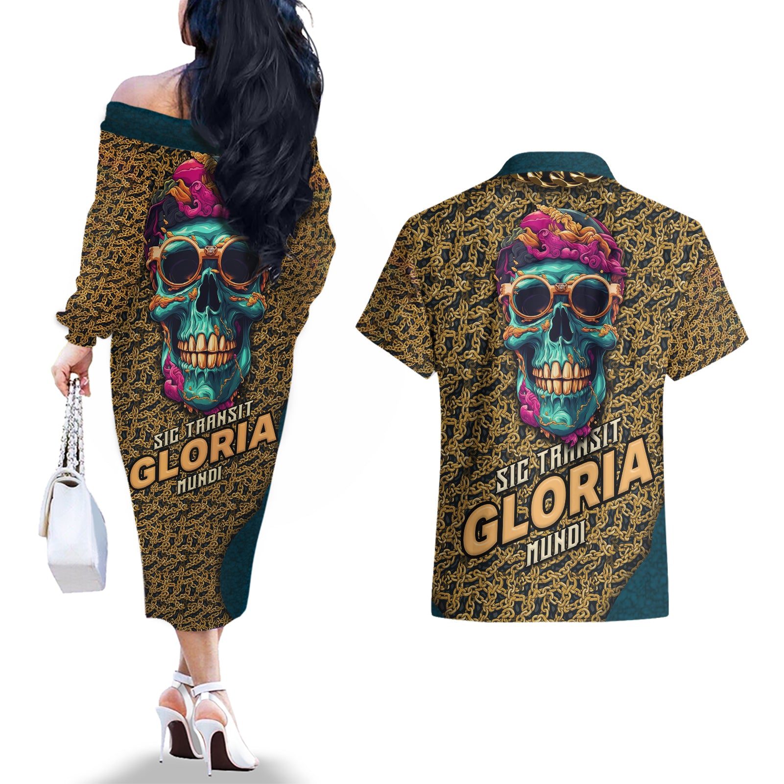 Skull Gang Couples Matching Off The Shoulder Long Sleeve Dress and Hawaiian Shirt Sic Transit Gloria Mundi - Wonder Print Shop