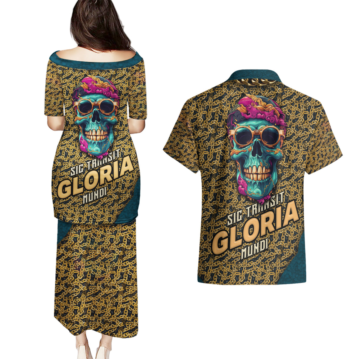 Skull Gang Couples Matching Puletasi Dress and Hawaiian Shirt Sic Transit Gloria Mundi - Wonder Print Shop