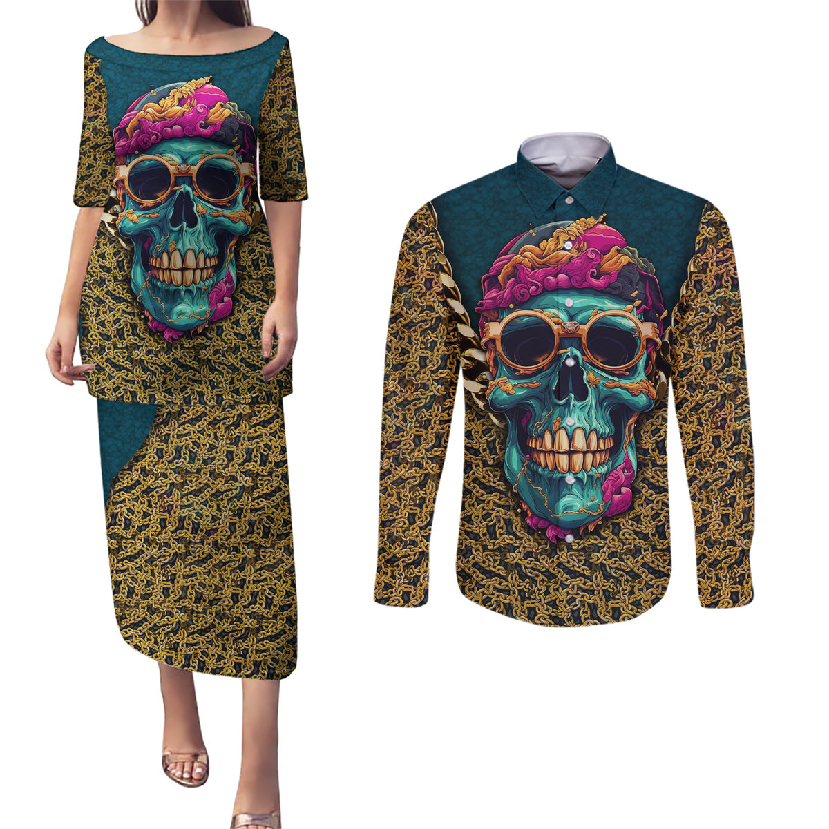 Skull Gang Couples Matching Puletasi Dress and Long Sleeve Button Shirts Sic Transit Gloria Mundi - Wonder Print Shop