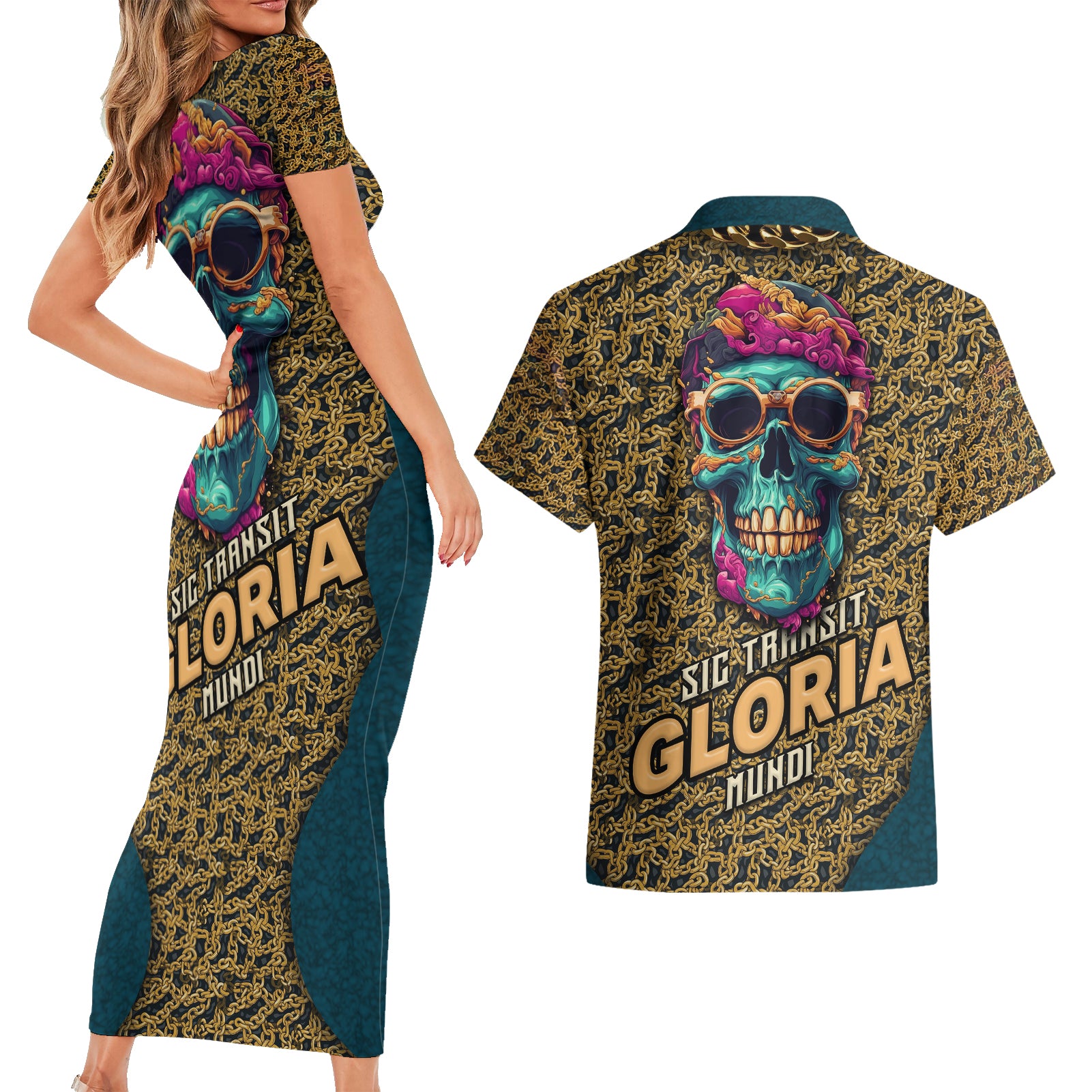 Skull Gang Couples Matching Short Sleeve Bodycon Dress and Hawaiian Shirt Sic Transit Gloria Mundi - Wonder Print Shop