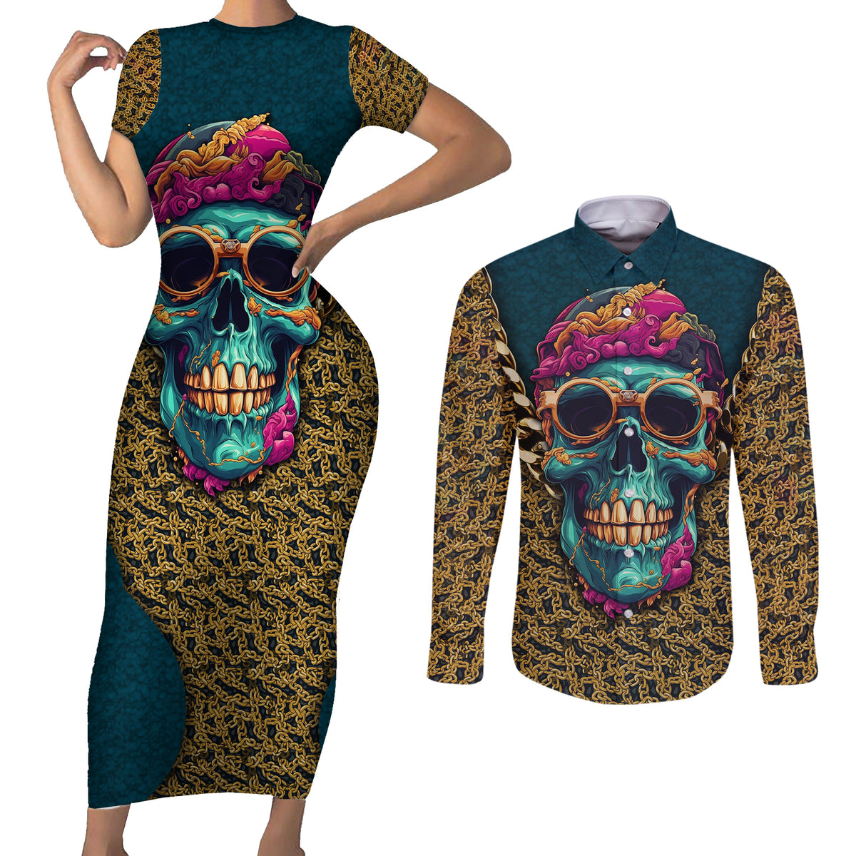 Skull Gang Couples Matching Short Sleeve Bodycon Dress and Long Sleeve Button Shirts Sic Transit Gloria Mundi - Wonder Print Shop