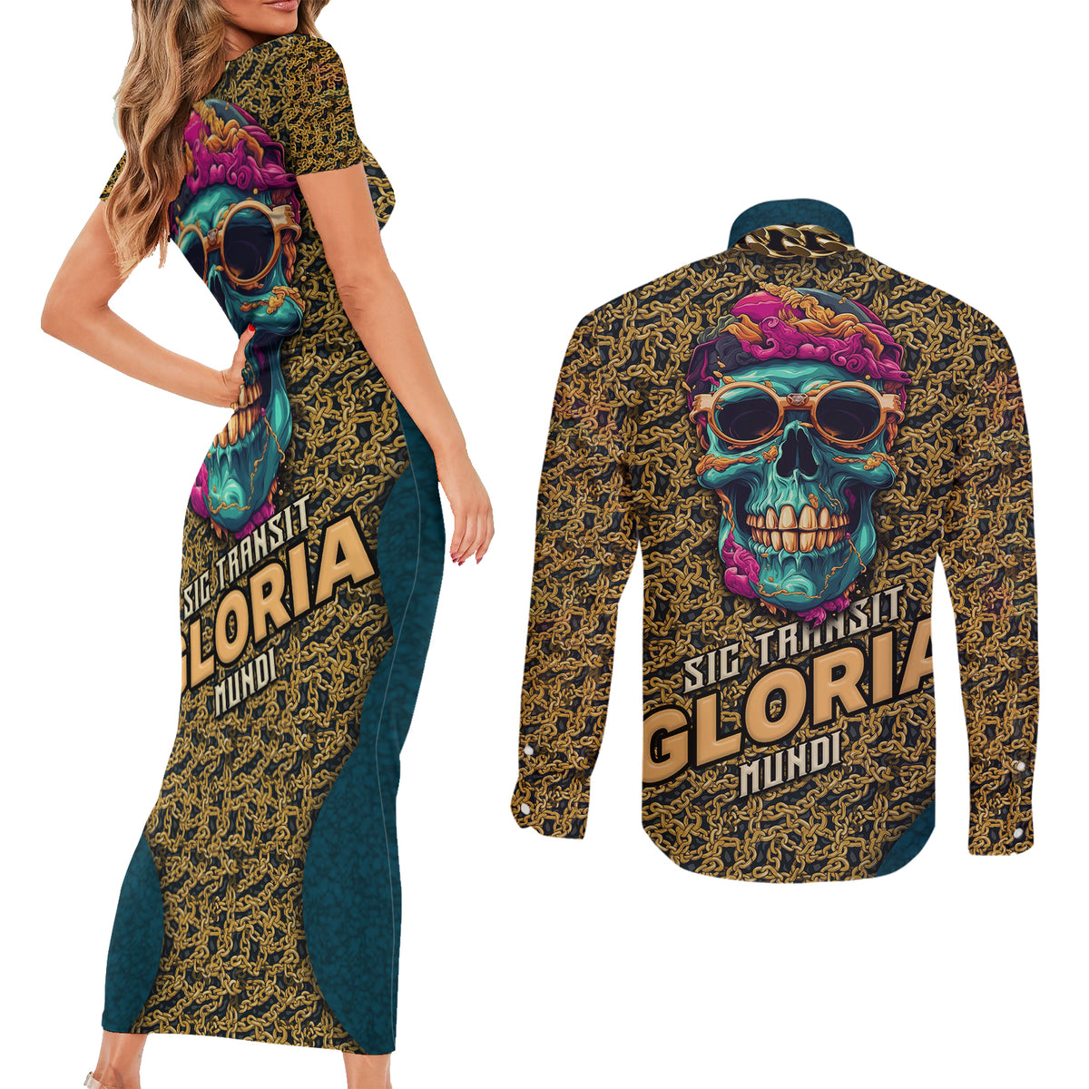 Skull Gang Couples Matching Short Sleeve Bodycon Dress and Long Sleeve Button Shirts Sic Transit Gloria Mundi - Wonder Print Shop