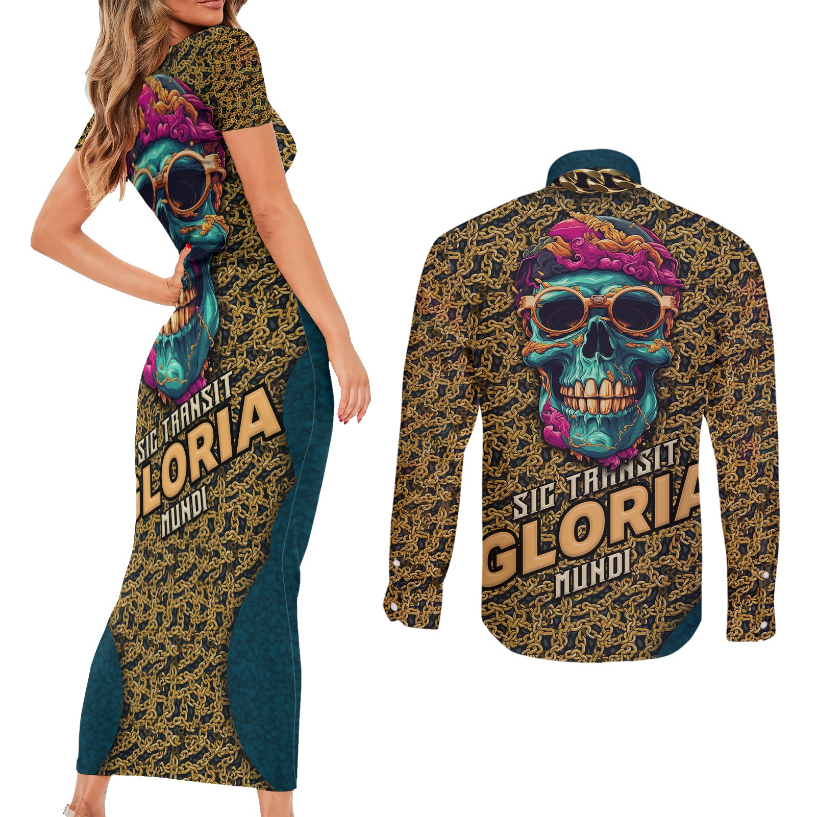 Skull Gang Couples Matching Short Sleeve Bodycon Dress and Long Sleeve Button Shirts Sic Transit Gloria Mundi - Wonder Print Shop