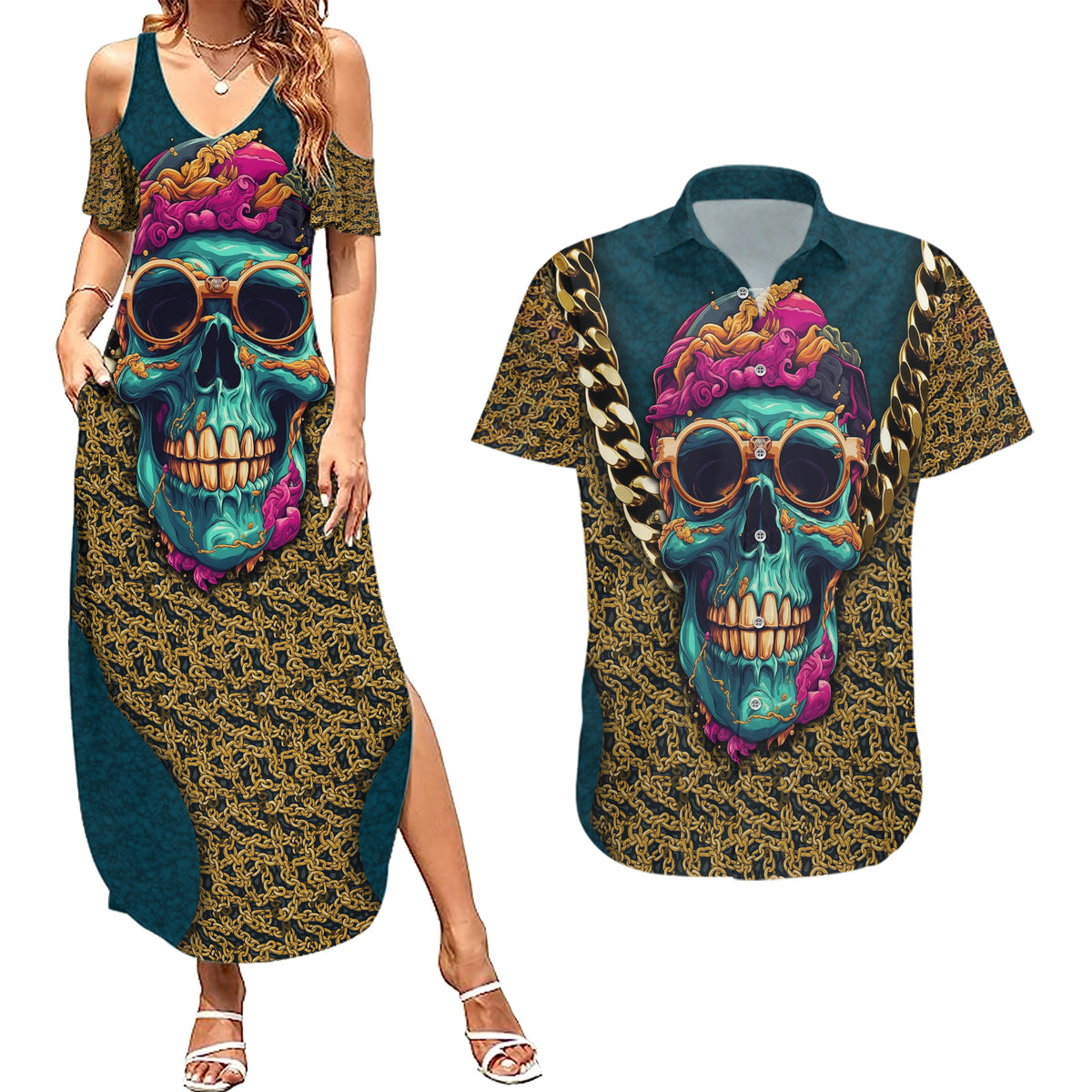 Skull Gang Couples Matching Summer Maxi Dress and Hawaiian Shirt Sic Transit Gloria Mundi - Wonder Print Shop