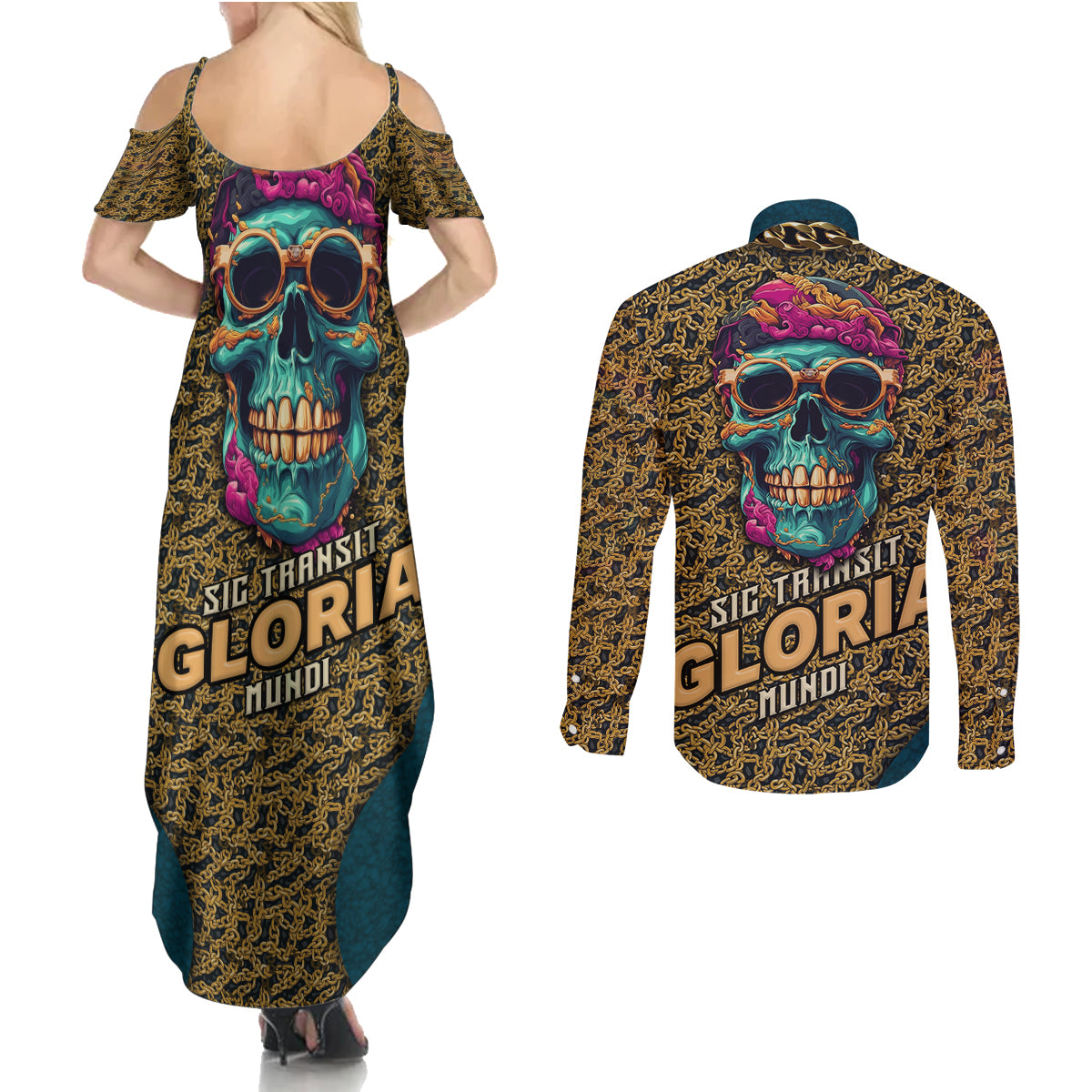 Skull Gang Couples Matching Summer Maxi Dress and Long Sleeve Button Shirts Sic Transit Gloria Mundi - Wonder Print Shop