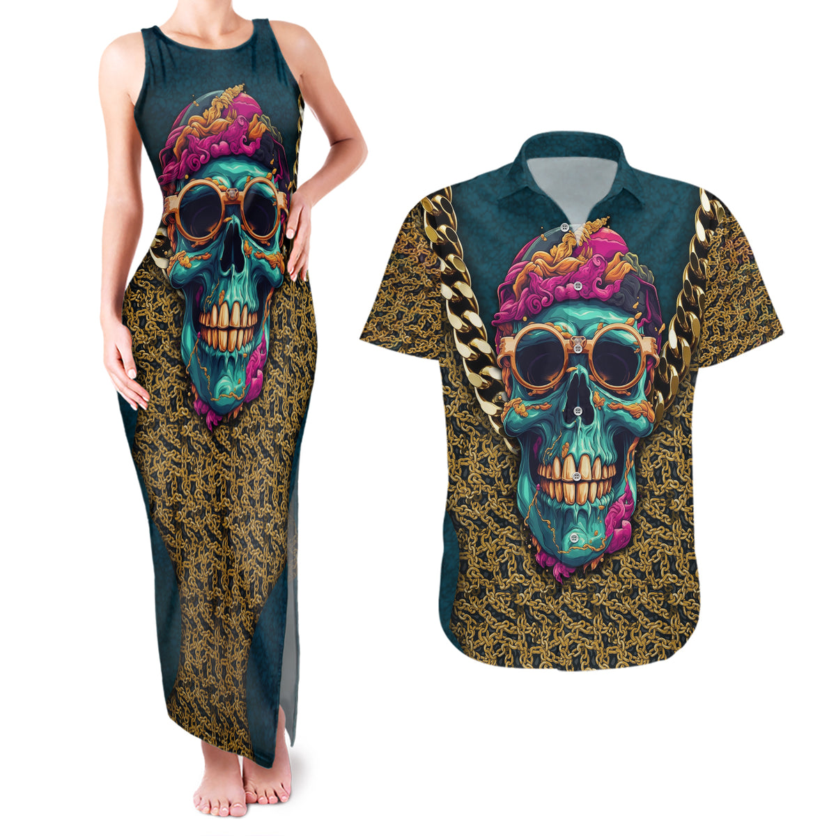 Skull Gang Couples Matching Tank Maxi Dress and Hawaiian Shirt Sic Transit Gloria Mundi - Wonder Print Shop