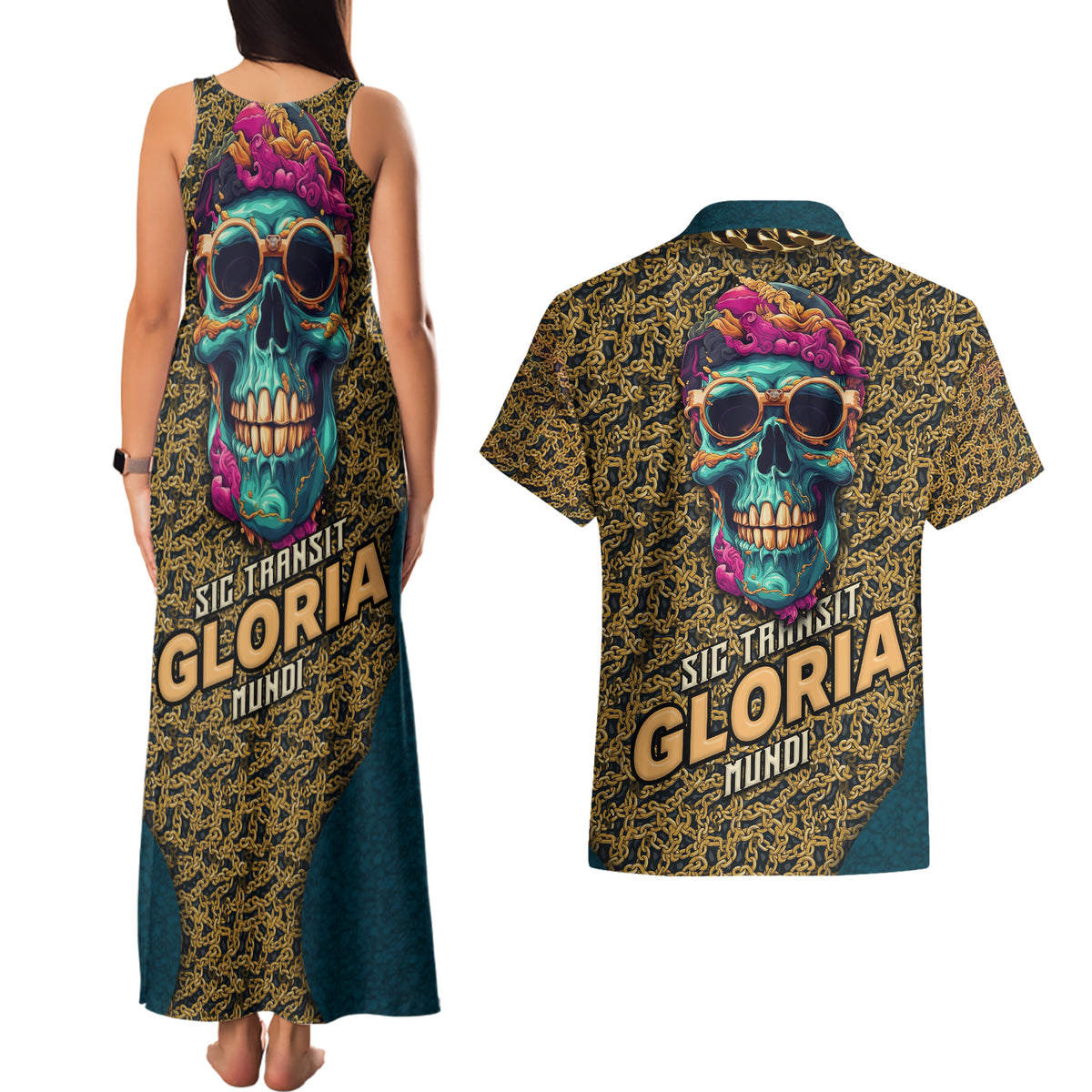 Skull Gang Couples Matching Tank Maxi Dress and Hawaiian Shirt Sic Transit Gloria Mundi - Wonder Print Shop