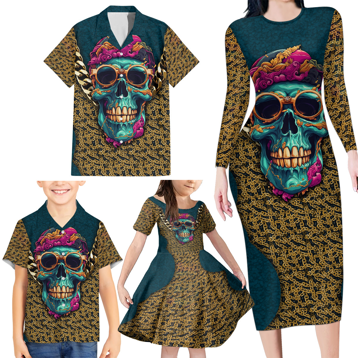 Skull Gang Family Matching Long Sleeve Bodycon Dress and Hawaiian Shirt Sic Transit Gloria Mundi - Wonder Print Shop