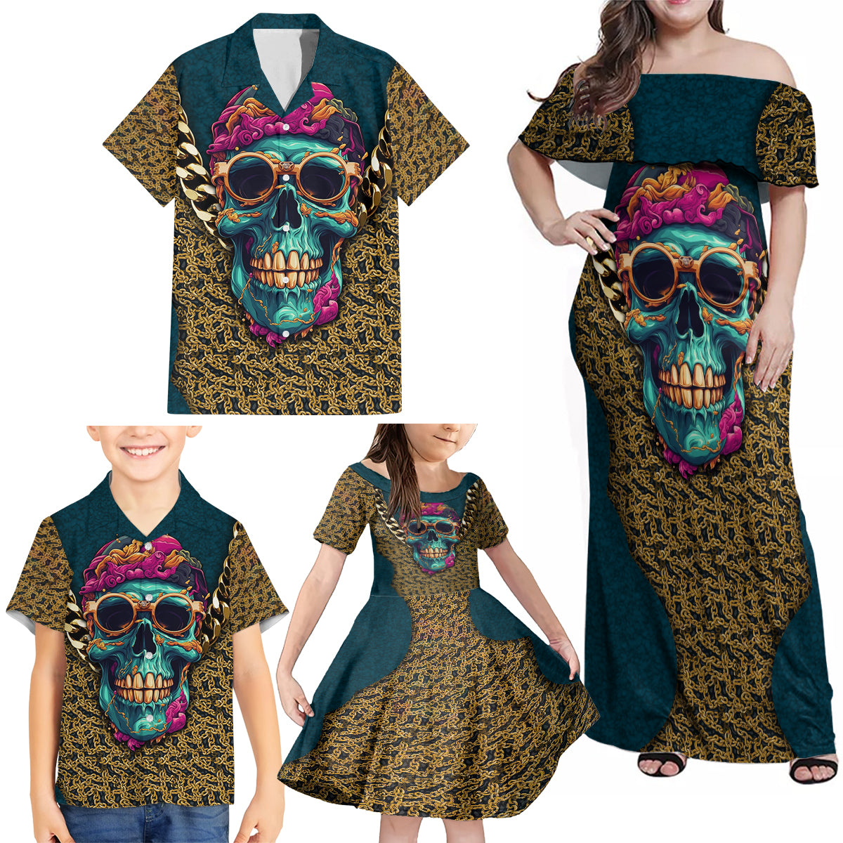 Skull Gang Family Matching Off Shoulder Maxi Dress and Hawaiian Shirt Sic Transit Gloria Mundi - Wonder Print Shop