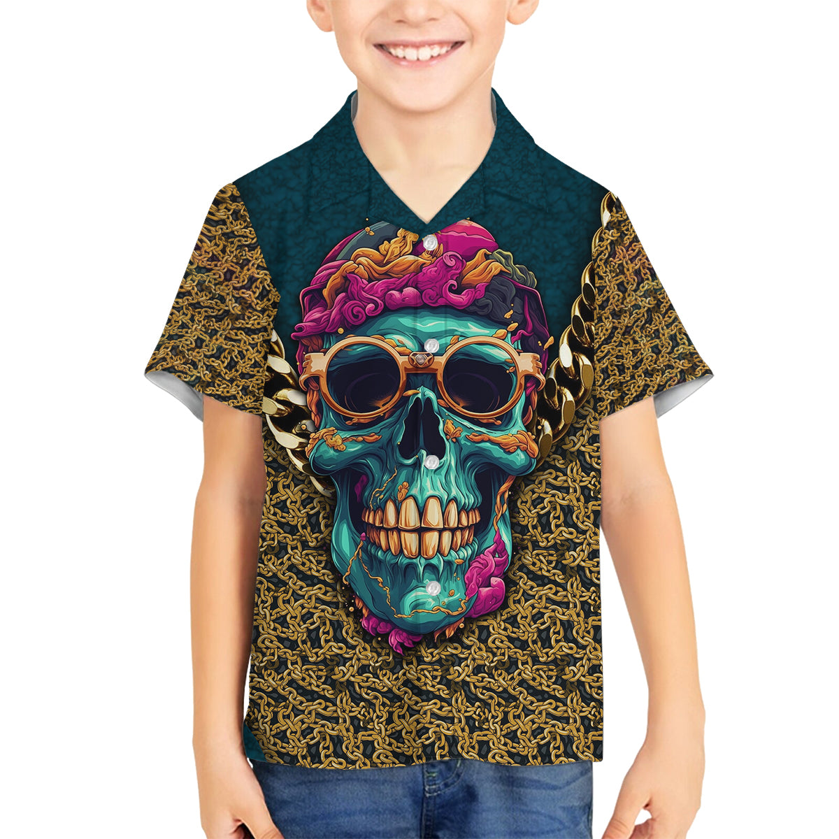 Skull Gang Family Matching Off Shoulder Maxi Dress and Hawaiian Shirt Sic Transit Gloria Mundi - Wonder Print Shop