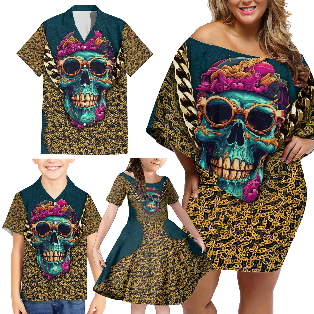Skull Gang Family Matching Off Shoulder Short Dress and Hawaiian Shirt Sic Transit Gloria Mundi - Wonder Print Shop
